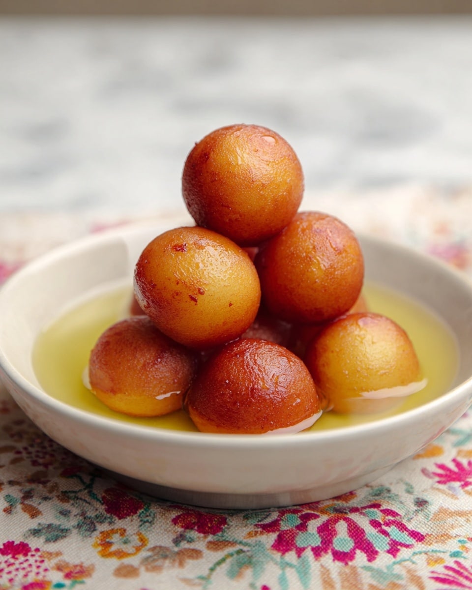 A white bowl holds a pile of seven round, golden-brown fried balls stacked in a pyramid shape, each with a smooth, slightly shiny surface and a few small dimples; they rest in a shallow pool of light yellow syrup that glistens softly, filling the bottom of the bowl. The bowl sits on a white cloth with a colorful floral pattern, and the background is a white marbled texture. Photo taken with an iphone --ar 4:5 --v 7