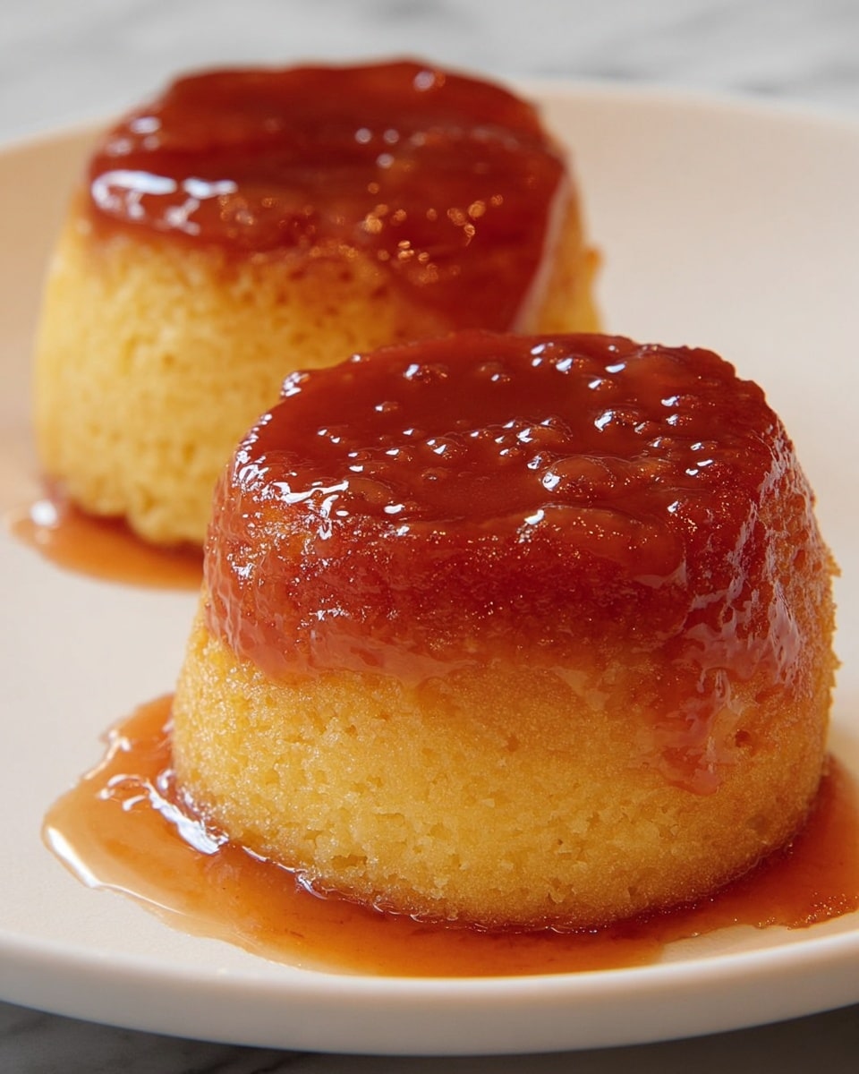 Two small upside-down cakes sit on a white plate over a white marbled surface. Each cake has two layers: the bottom layer is a soft, light golden yellow cake with a moist texture, while the top layer is a rich, glossy caramelized topping in a deep amber brown that slightly drips down the sides. The shiny caramel layer is smooth with small bubbles visible, giving the cakes a sticky and sweet appearance. Photo taken with an iphone --ar 4:5 --v 7