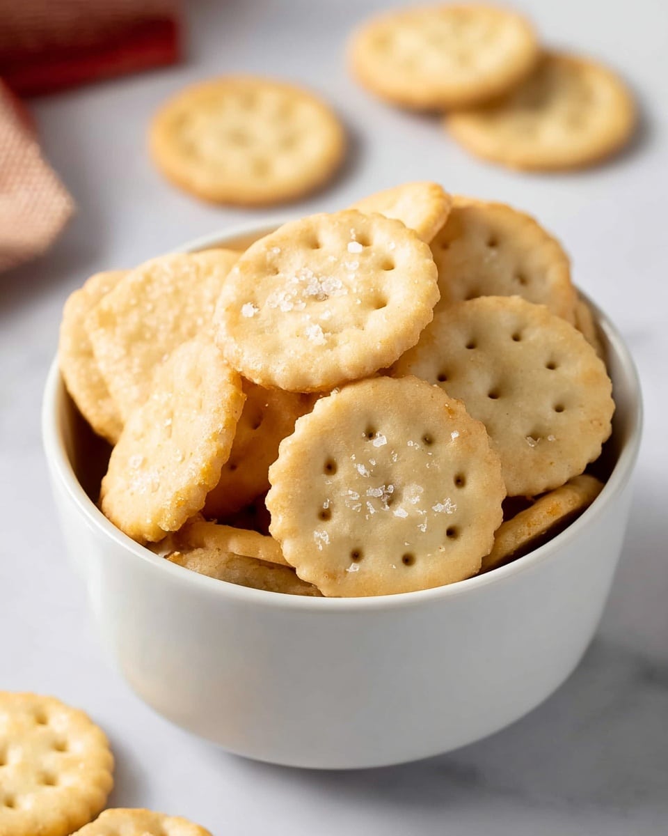 A white bowl filled with two layers of round, golden brown crackers with small dots in the center, some showing a light sprinkle of salt on top, placed closely together. Around the bowl, a few crackers are scattered on a white marbled surface, giving a clean, simple look. The background is softly blurred, with a hint of red and brown shapes adding slight color contrast. Photo taken with an iphone --ar 4:5 --v 7