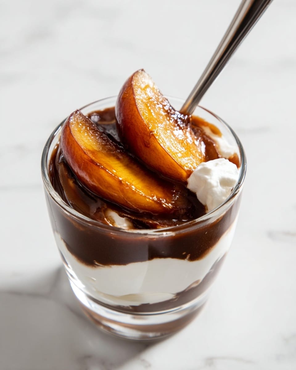 A clear glass dessert cup with three visible layers is shown. The bottom layer is a dark, glossy sauce with a rich brown color. Above that, there is a thick creamy white layer with a smooth texture. On top, there are two caramelized peach slices covered in the same dark sauce, giving them a shiny and slightly sticky look. A small dollop of the white cream is seen peeking out beside the peaches. A metal spoon rests inside the cup. The dessert cup is placed on a surface with a white marbled texture. photo taken with an iphone --ar 4:5 --v 7