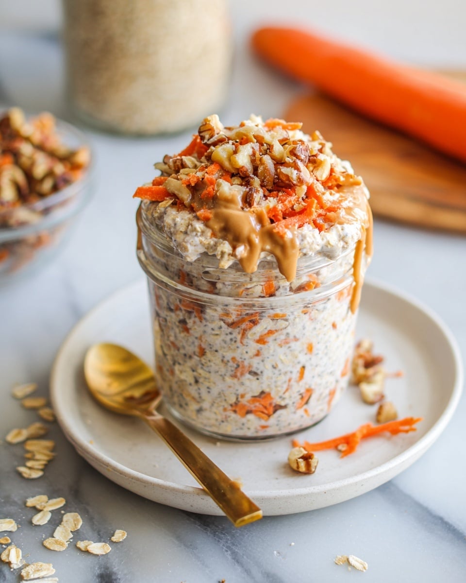 A clear glass jar filled with a creamy mixture that shows layers of white oats and chia seeds mixed with small orange carrot shreds throughout. On top of the jar is a thick layer of the same creamy oat mixture with more visible carrot shreds, sprinkled with chopped light brown walnuts and drizzled with smooth tan peanut butter. The jar is placed on a white plate with a gold spoon resting beside it. The plate and jar sit on a white marbled surface with scattered oats and carrot pieces around. In the blurry background, there is a glass container with oats, a clear bowl of walnuts, and an orange carrot. photo taken with an iphone --ar 4:5 --v 7