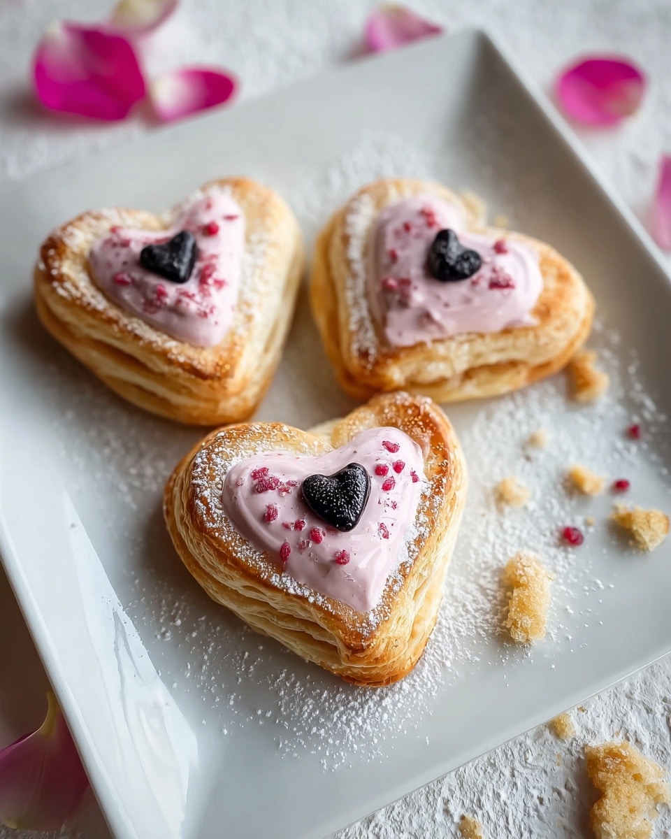 Three heart-shaped puff pastries are placed on a white square plate on a white marbled textured surface. Each pastry has a golden-brown flaky outer layer with visible layers and is filled with a pink creamy filling sprinkled with small red bits. Two pastries have a small black heart decoration on one side of the pink filling. Light powdered sugar is dusted over the pastries and plate. Pink flower petals and small crumbs are scattered around the plate, adding a delicate touch. Photo taken with an iphone --ar 4:5 --v 7