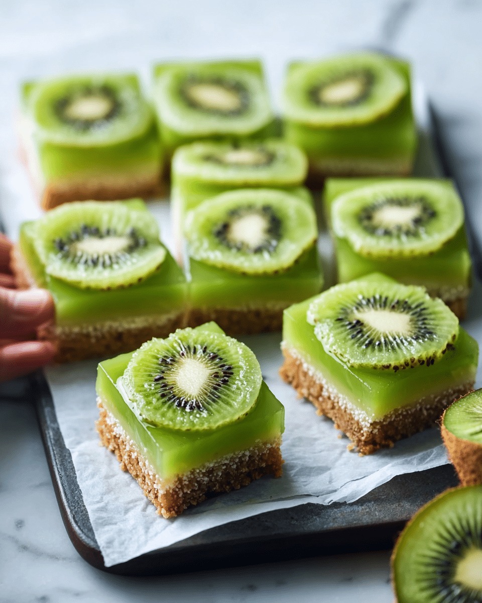 Nine square pieces of kiwi dessert sit on white parchment paper on a dark rectangular tray. Each piece has three layers: a light brown crumbly base, a bright green jelly-like middle layer, and a top layer of a thin, glistening kiwi slice showing its bright green color with black seeds and a white center. The pieces are arranged in three rows, and one square in the front left is slightly tilted with a woman's hand about to pick it up. A halved kiwi fruit is visible on the right side on a white marbled surface. photo taken with an iphone --ar 4:5 --v 7