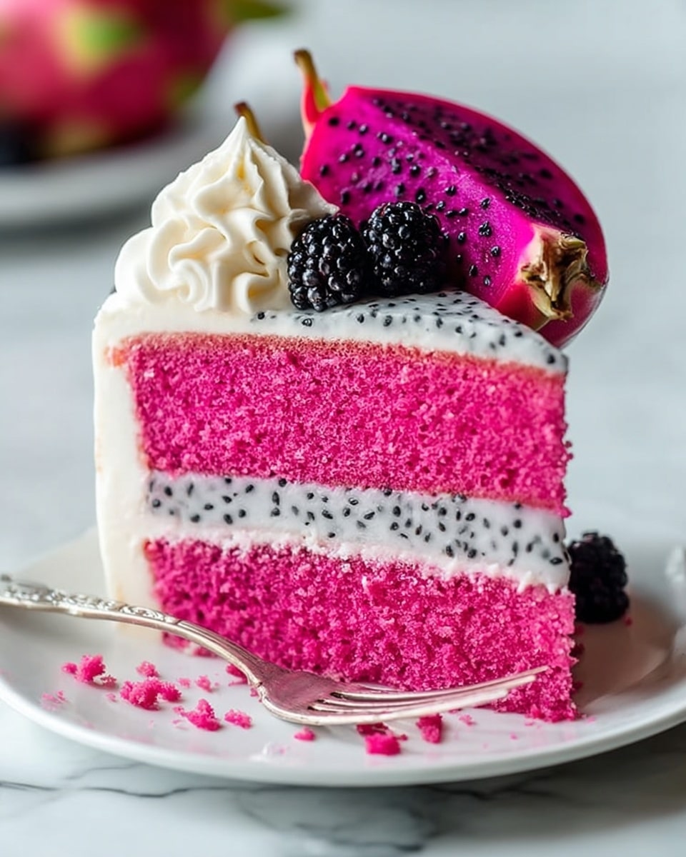 A slice of two-layer bright pink cake with small black seeds inside each layer, separated and covered by a smooth white frosting layer. The top layer of the cake is frosted with white cream, decorated with a swirl of piped cream on one side, a half-cut dragon fruit with bright pink skin and white flesh speckled with black seeds on top, and a small bunch of dark blackberries placed next to it. The slice sits on a white plate with a silver fork beside it, a few pink crumbs scattered around. The background shows a white marbled texture. photo taken with an iphone --ar 4:5 --v 7