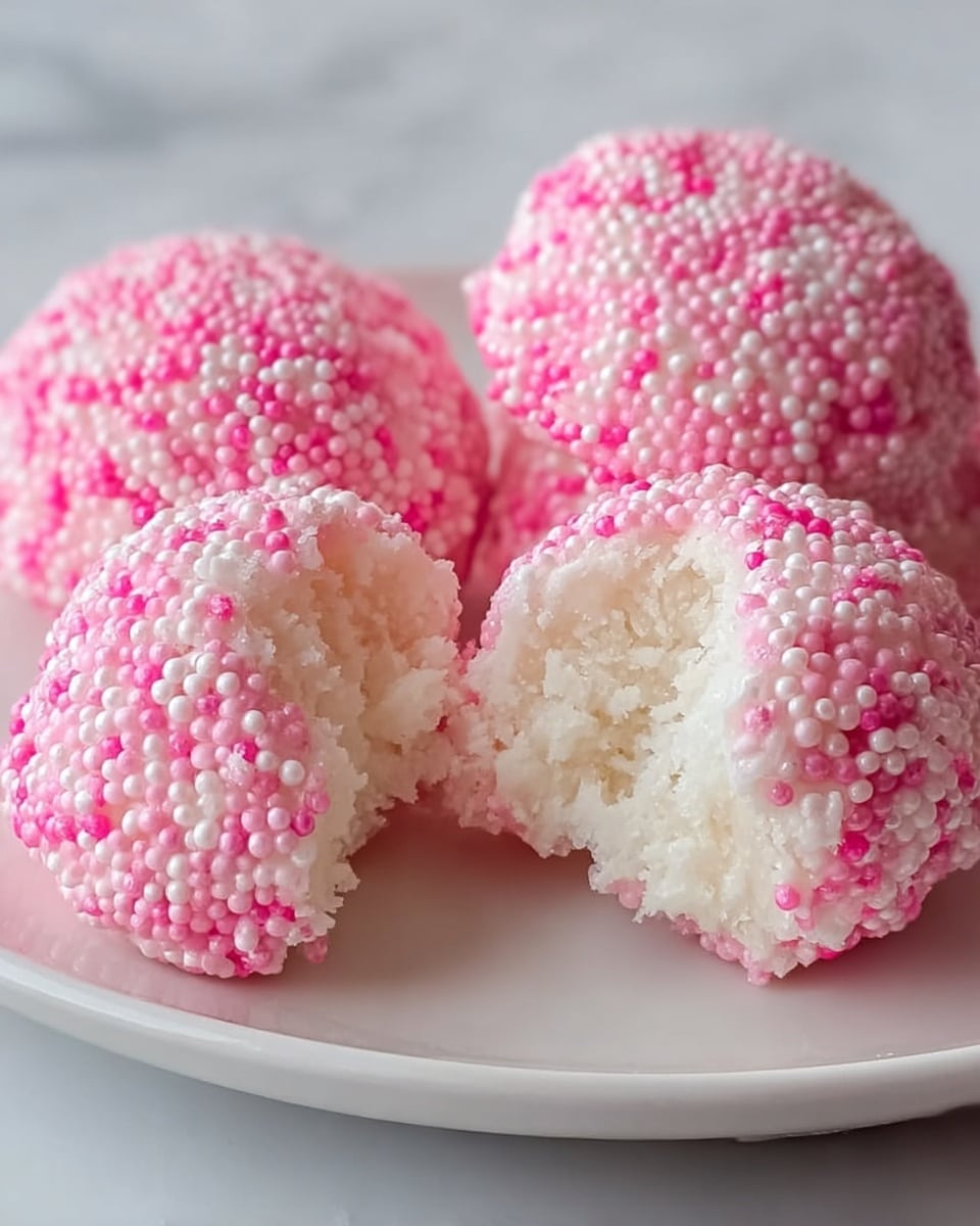 The image shows four round, white textured treats covered with tiny pink and white candy beads. One treat is bitten, revealing a soft, crumbly white inside with a slightly moist texture. The outer layer is made up of the small candy beads creating a rough surface that is mostly pink with some white mixed in. The treats rest on a white plate placed on a white marbled background. photo taken with an iphone --ar 4:5 --v 7