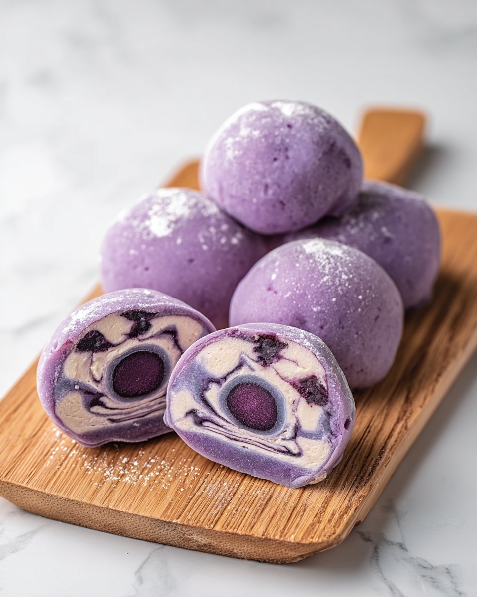 The image shows a group of five purple mochi arranged on a small wooden board. Four mochi are whole, smooth, and round with a light dusting of white powder on their surface. Two of the mochi are cut in half, revealing three layers inside: the outer purple dough layer, a thick middle layer of light purple creamy filling with small dark swirls, and an inner core which is a dark purple ball. The wooden board with the mochi sits on a white marbled surface. photo taken with an iphone --ar 4:5 --v 7