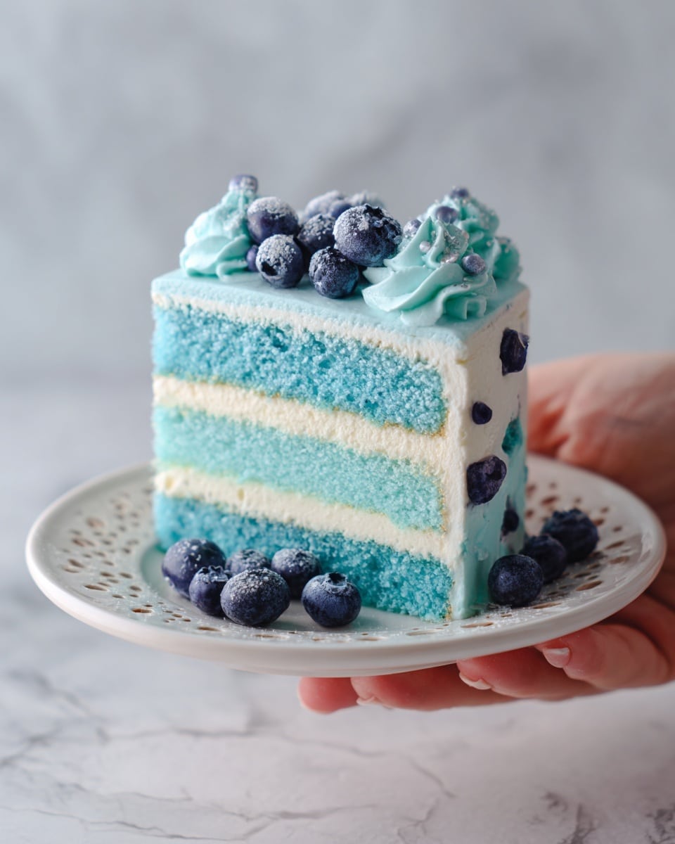 A close-up of a two-layer blue cake slice on a white plate with holes around the edge, set on a white marbled surface. The cake layers are bright blue with a soft, fluffy texture. Between the layers is a smooth light blue cream filling. The top of the cake is covered with the same light blue cream, decorated with small swirls and topped with fresh dark blue berries, with a few berries scattered around the plate. A woman's hand holds the plate from the side. Photo taken with an iphone --ar 4:5 --v 7