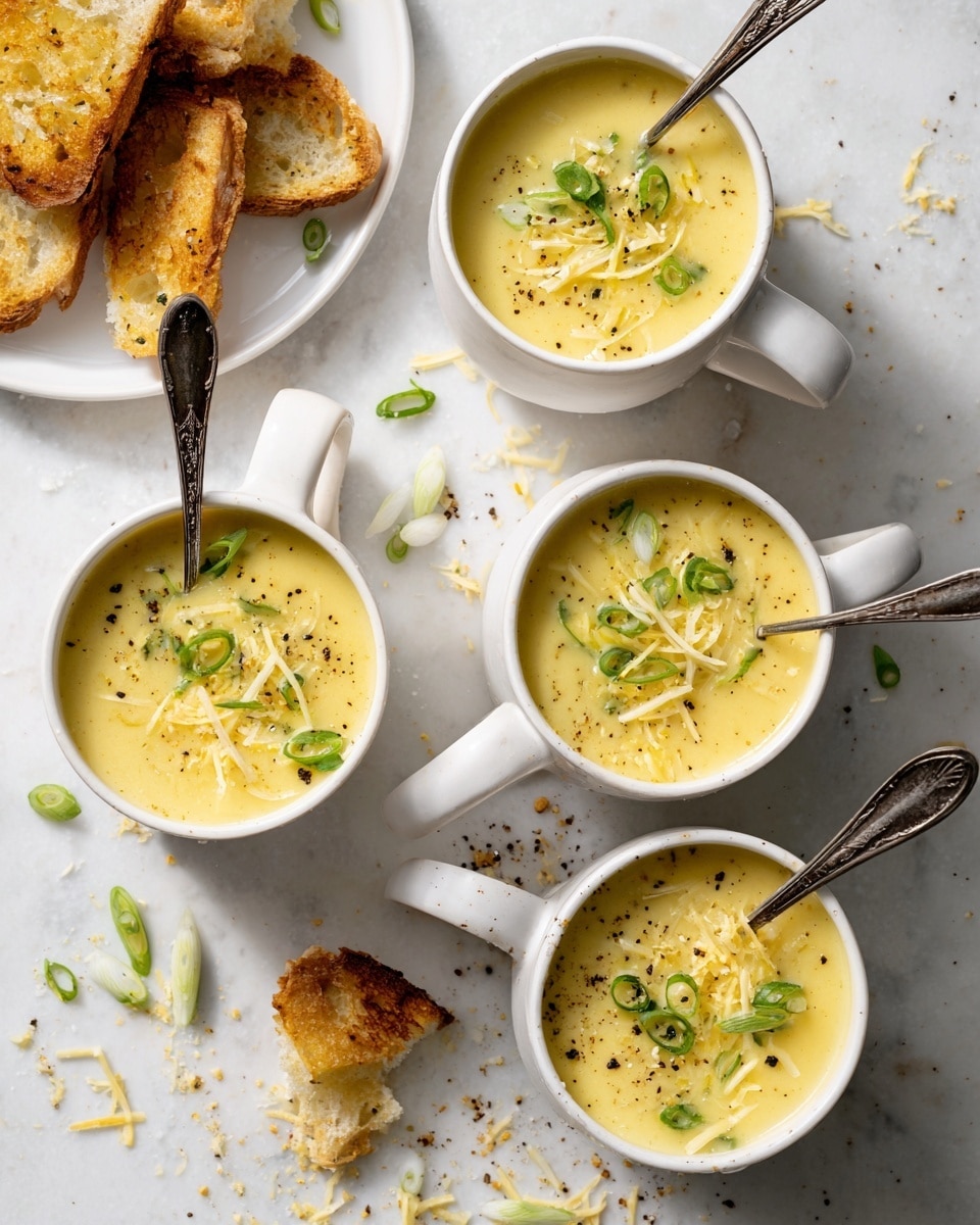 Four white ceramic mugs hold creamy yellow soup with a smooth texture, each topped with thin, pale yellow cheese shreds, bright green scallion slices, and a sprinkle of black pepper. Two of the mugs have vintage silver spoons resting inside. The mugs are placed on a white marbled surface with scattered scallion slices and small crumbs around them. On the side, there are pieces of crusty toasted bread with golden-brown edges on a white plate. The lighting is soft and natural, highlighting the creaminess and freshness of the ingredients. Photo taken with an iphone --ar 4:5 --v 7