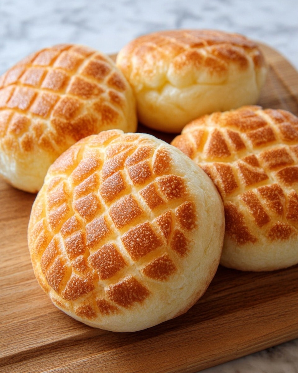 The image shows four pieces of soft, round bread with a pale golden top that has a grid pattern, giving a textured, quilted look. Each bread piece has two visible layers: a slightly crispy, crackled top layer in light golden color and a fluffy, smooth bottom layer in pale cream color. These bread pieces sit closely together on a wooden board with a natural light brown tone and visible wood grain patterns. The background has a white marbled texture. photo taken with an iphone --ar 4:5 --v 7