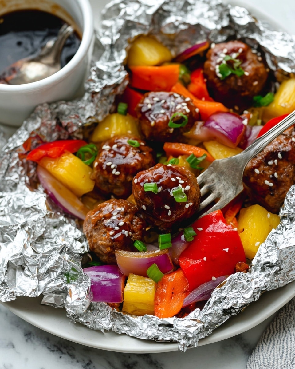 The image shows a close-up of a white plate holding crumpled aluminum foil filled with a colorful mix of food. Inside the foil, there are small brown meatballs glazed with a shiny sauce and sprinkled with white sesame seeds. Alongside the meatballs are chunks of bright yellow pineapple, vibrant red and orange bell peppers, and thin slices of purple onion, all mixed together and garnished with small pieces of green onion. A silver fork is piercing one of the meatballs, and in the background, there is a white bowl with a dark sauce and a spoon inside it, all set on a white marbled surface. photo taken with an iphone --ar 4:5 --v 7