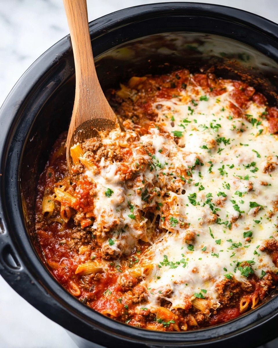 This dish is a slow cooker pasta bake with two main layers visible. The bottom layer shows cooked pasta mixed with browned ground meat and rich red tomato sauce, creating a chunky texture with bits of meat and sauce spread unevenly. The top layer is melted white cheese spread over the dish, with some parts thinner and the cheese bubbling, slightly browned in spots. The dish is sprinkled with bright green chopped herbs for color. A wooden spoon is scooping some pasta from the black slow cooker, set on a white marbled surface. Photo taken with an iphone --ar 4:5 --v 7