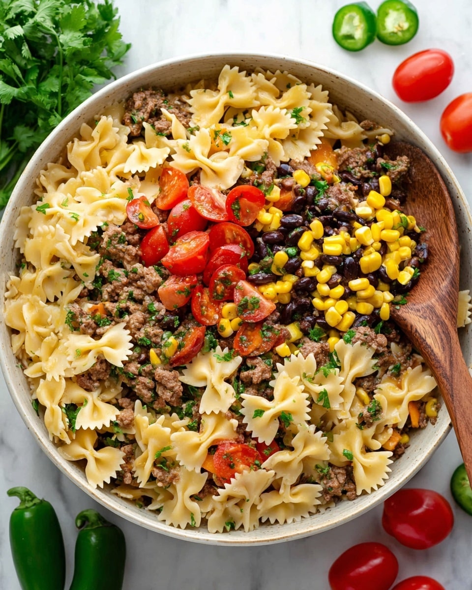 A large white bowl filled with a mixed pasta dish, featuring three main layers: the bottom layer is farfalle pasta with a pale yellow color and smooth texture, the middle layer includes ground meat bits with a light brown color scattered evenly, and the top layer has vivid vegetables like bright yellow cheese cubes, red cherry tomato halves, dark black beans, yellow corn kernels, and fresh green chopped herbs sprinkled on top for a fresh look; a wooden spoon is partially placed inside the bowl on the right side, and the bowl sits on a white marbled surface with two green jalapeños and a few small red tomatoes nearby. photo taken with an iphone --ar 4:5 --v 7