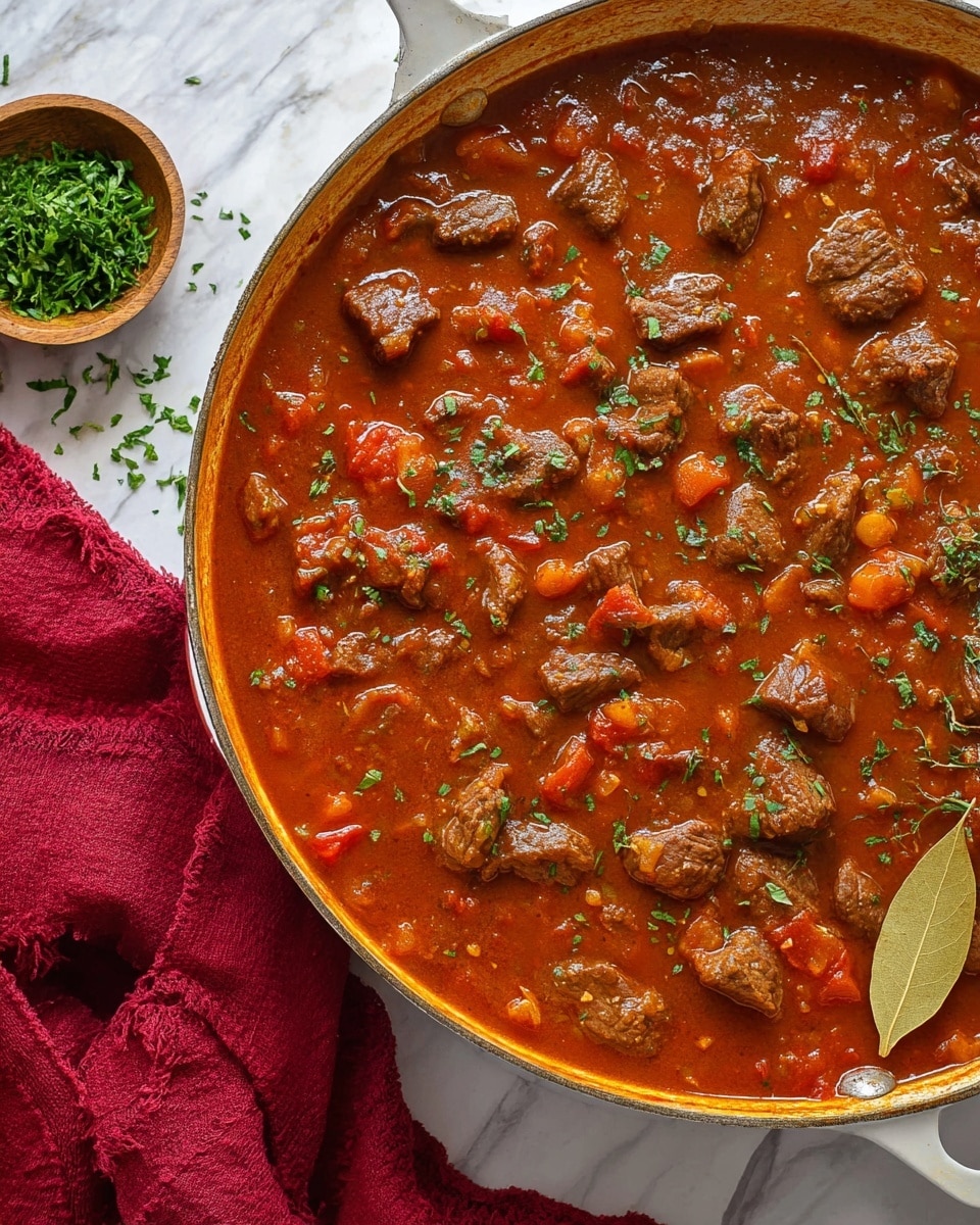 A close-up of a large pan filled with thick red stew showing chunks of brown meat scattered through a rich reddish-orange sauce mixed with small pieces of diced tomatoes and vegetables. The stew is garnished with small torn green herbs sprinkled on top and a single whole bay leaf near the right side. The pan rests on a white marbled surface with a small wooden bowl of chopped green herbs placed to the upper left, and a soft red cloth partially visible at the bottom left. photo taken with an iphone --ar 4:5 --v 7