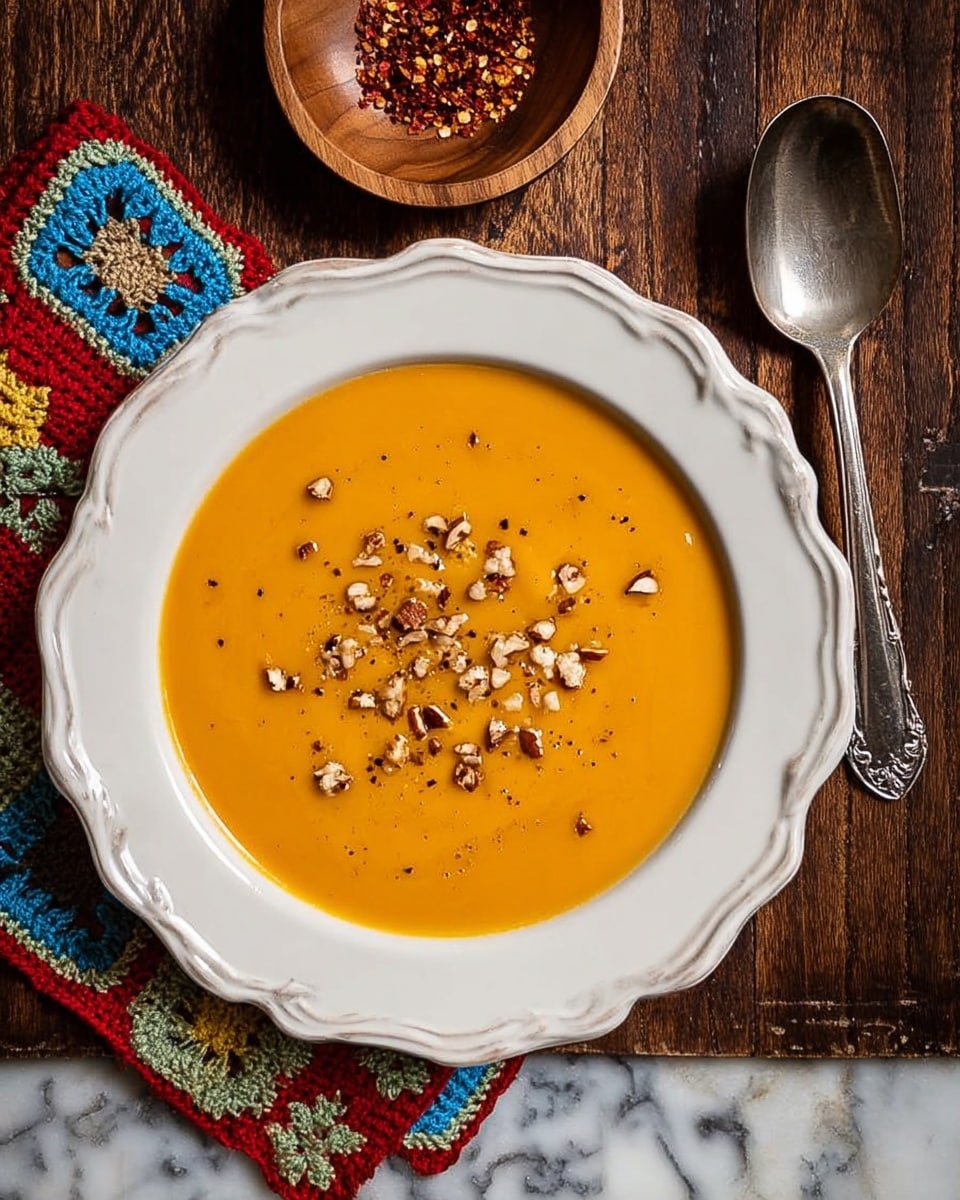 A deep white plate with scalloped edges holds a smooth, creamy orange soup topped with small chunks of nuts and black pepper flakes. The soup fills most of the plate, with crunchy nut pieces scattered unevenly over the surface. Next to the plate, a shiny large metal spoon rests on a dark wooden table, showing some wear. Above the plate, there is a small wooden bowl with crushed red pepper flakes and a colorful crocheted cloth with blue, red, yellow, and white patterns on the side. The whole scene is set against a white marbled texture. photo taken with an iphone --ar 4:5 --v 7