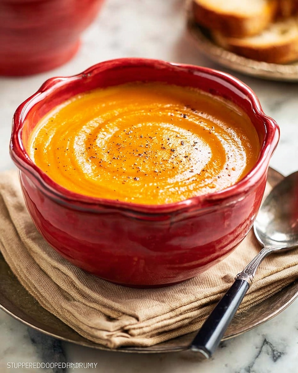 A thick, smooth orange soup fills a red ceramic bowl with a wavy edge, showing slight swirls and a shiny surface with dark specks of seasoning on top; the bowl sits on a stack of two beige cloth napkins on a round silver tray with a black-handled spoon resting beside it, all placed on a white marbled surface, with blurred toasted bread and another red bowl in the background. photo taken with an iphone --ar 4:5 --v 7