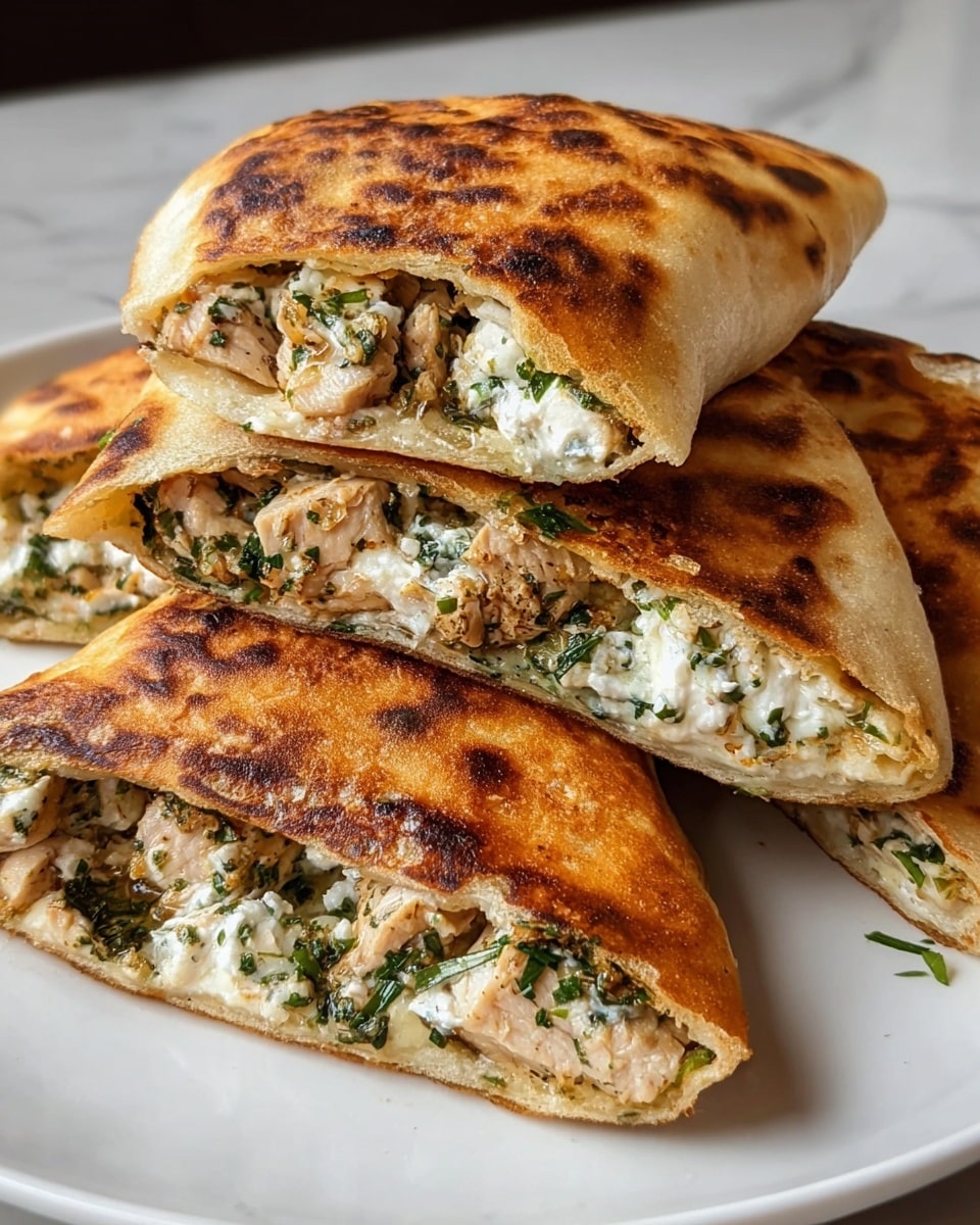 The image shows three stuffed, golden-brown folded flatbreads arranged on a white plate, resting on a white marbled surface. Each flatbread is cut in half, revealing two main layers inside: a creamy white cheese mixed with bright green herbs and a layer of cooked, light brown chicken pieces. The outer surface of the flatbreads is evenly browned with some darker spots, giving a crispy texture look. The cheeses and herbs are crumbly with visible granules, while the chicken pieces appear tender and slightly seasoned. Photo taken with an iphone --ar 4:5 --v 7