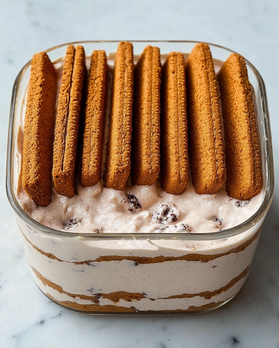 A glass container holds a dessert with one visible thick layer of light brown creamy filling with small dark flecks, topped with a neat layer of whole, long brown cookies arranged both vertically and horizontally, forming a border and filling the center. The creamy layer appears smooth and slightly glossy, with some filling overflowing the edge of the container. The container sits on a surface with a white marbled texture. photo taken with an iphone --ar 4:5 --v 7