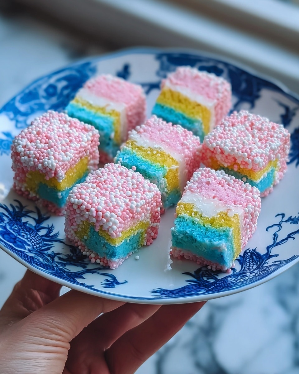 The image shows a white plate with blue patterns, holding nine square pieces of colorful dessert arranged in a 3x3 grid. Each piece has an outer layer covered in small pink and white round sprinkles with a rough texture. Inside, there is a layer of soft white cream or fondant, followed by blocks of bright pastel colors—blue, pink, yellow, and green—stacked irregularly in the middle of each piece, creating a striking rainbow effect. A woman's hand is holding the plate from the side, and the background is a soft blur with a white marbled surface. photo taken with an iphone --ar 4:5 --v 7