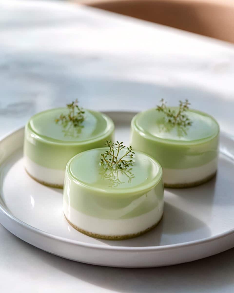 The image shows three small round desserts on a white plate with a smooth, glossy light green top layer. Each dessert has a thin white layer at the bottom and is decorated with small green sprigs on top. The plate is placed on a white marbled texture surface, with soft lighting highlighting the creamy and smooth texture of the desserts. Photo taken with an iphone --ar 4:5 --v 7