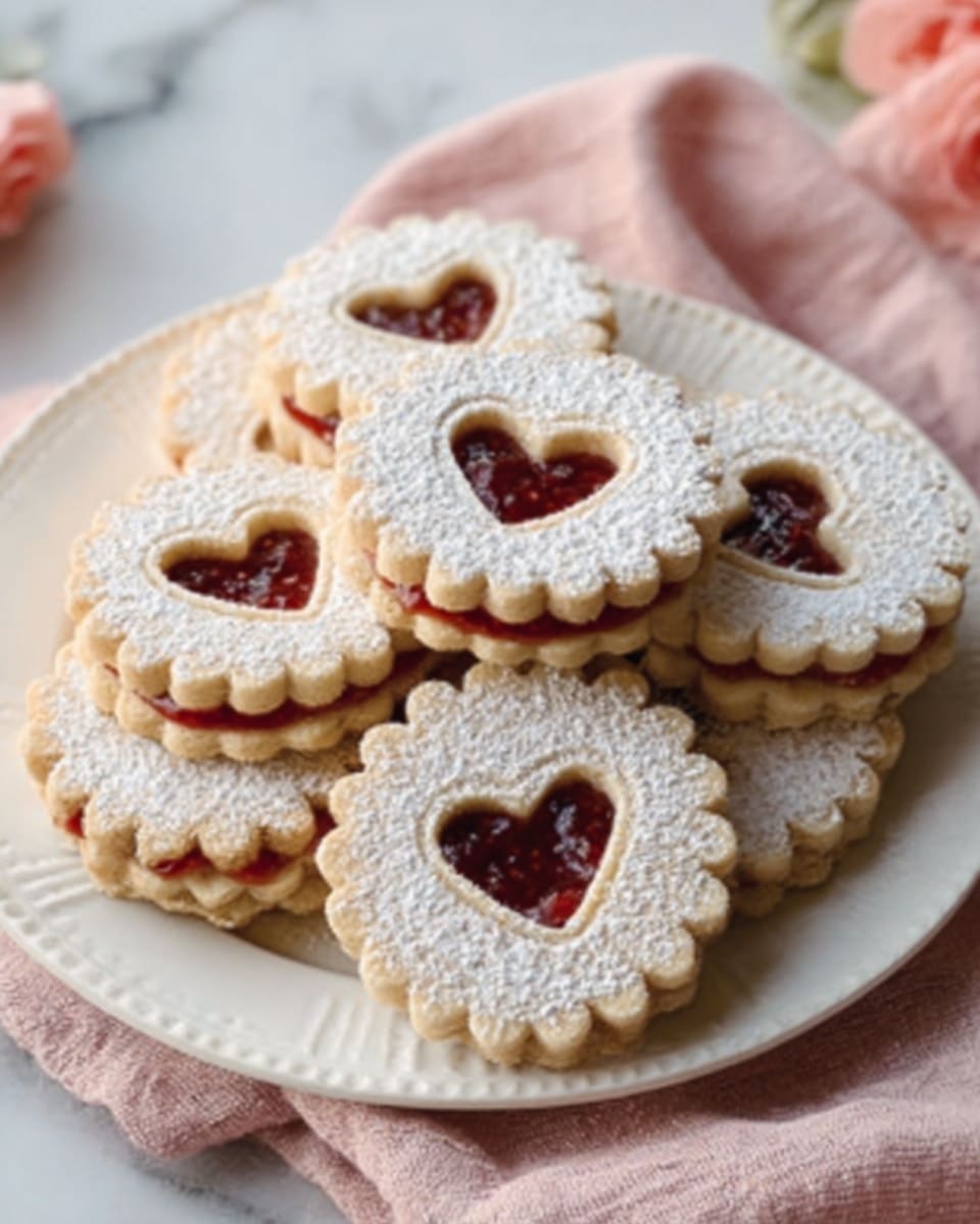The image shows a white plate filled with several round sandwich cookies. Each cookie has two layers: the bottom and top cookie layers are light golden brown with scalloped edges, and the top layer has a heart-shaped cutout in the center revealing a deep red jam filling inside. A light dusting of powdered sugar covers the top cookie layers, adding a soft white texture. The plate rests on a soft pink cloth, with a white marbled background underneath. photo taken with an iphone --ar 4:5 --v 7