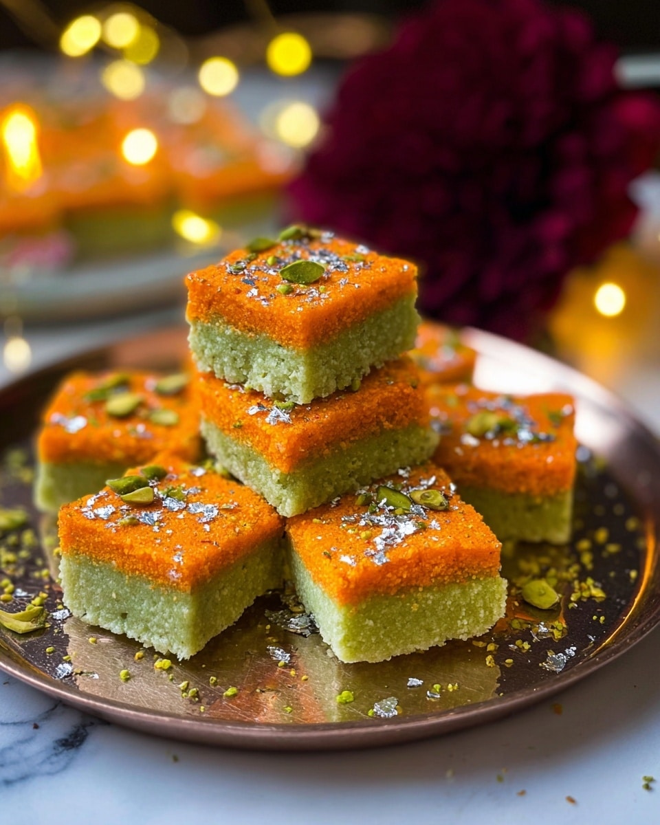 The image shows a round white metallic tray filled with nine square pieces of a layered sweet dish. Each piece has two layers: the bottom layer is light green and smooth, while the top layer is bright orange with a crumbly texture sprinkled with silver leaf patches and small green slivers, possibly pistachios. There are a few small purple flowers placed gently on top and around the squares for decoration. The tray sits on a surface with a white marbled texture. photo taken with an iphone --ar 4:5 --v 7