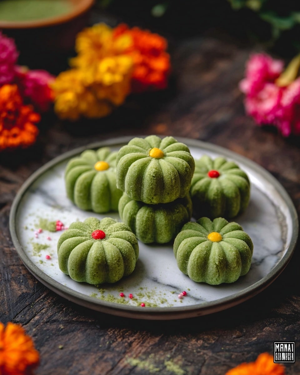 The image shows six small green flower-shaped sweets arranged on a round white plate. The sweets have a textured, ridged surface, resembling petals radiating from the center, where three tiny colorful dots (red, yellow, and green) sit as decoration. Two sweets are stacked in the middle, creating two layers, while the rest lay flat on the plate in a single layer. A few tiny colorful sprinkles are scattered on the plate around the sweets. The plate is placed on a rustic dark wooden surface with a white marbled texture, and there are bright orange, pink, and yellow flowers in the blurred background. Photo taken with an iphone --ar 4:5 --v 7
