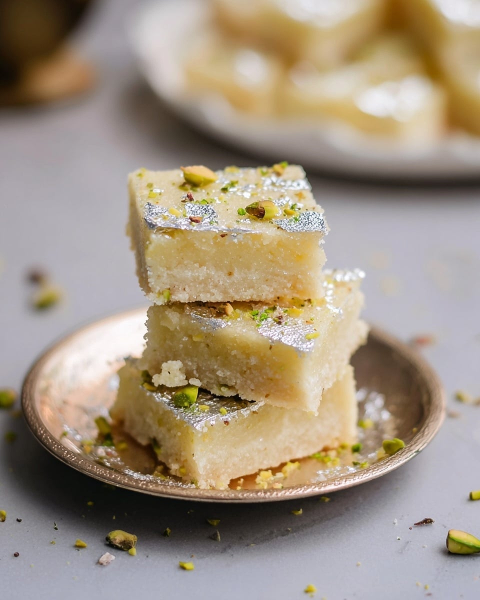 A stack of four square pieces of light yellow barfi, each piece having two layers with a slightly crumbly texture. The top layer is decorated with shiny silver edible foil and small green nut pieces scattered across the surface. The sweets are placed on a shiny white plate, which rests on a white marbled surface with some loose nut pieces around. The background shows a blurred white plate with more sweets. Photo taken with an iphone --ar 4:5 --v 7