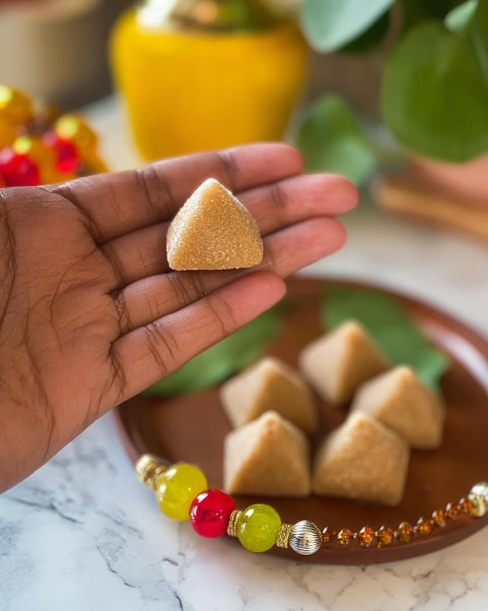 A close-up of a woman's hand holding a small, pyramid-shaped sweet with a smooth, light brown surface that looks soft and slightly moist. In the background, a brown round tray holds several more sweets of the same shape and color, arranged near colorful decorative beads with red, yellow, green, and metallic elements on the tray. The whole scene is set on a white marbled surface with some green leaves and a blurred yellow container further back. Photo taken with an iphone --ar 4:5 --v 7