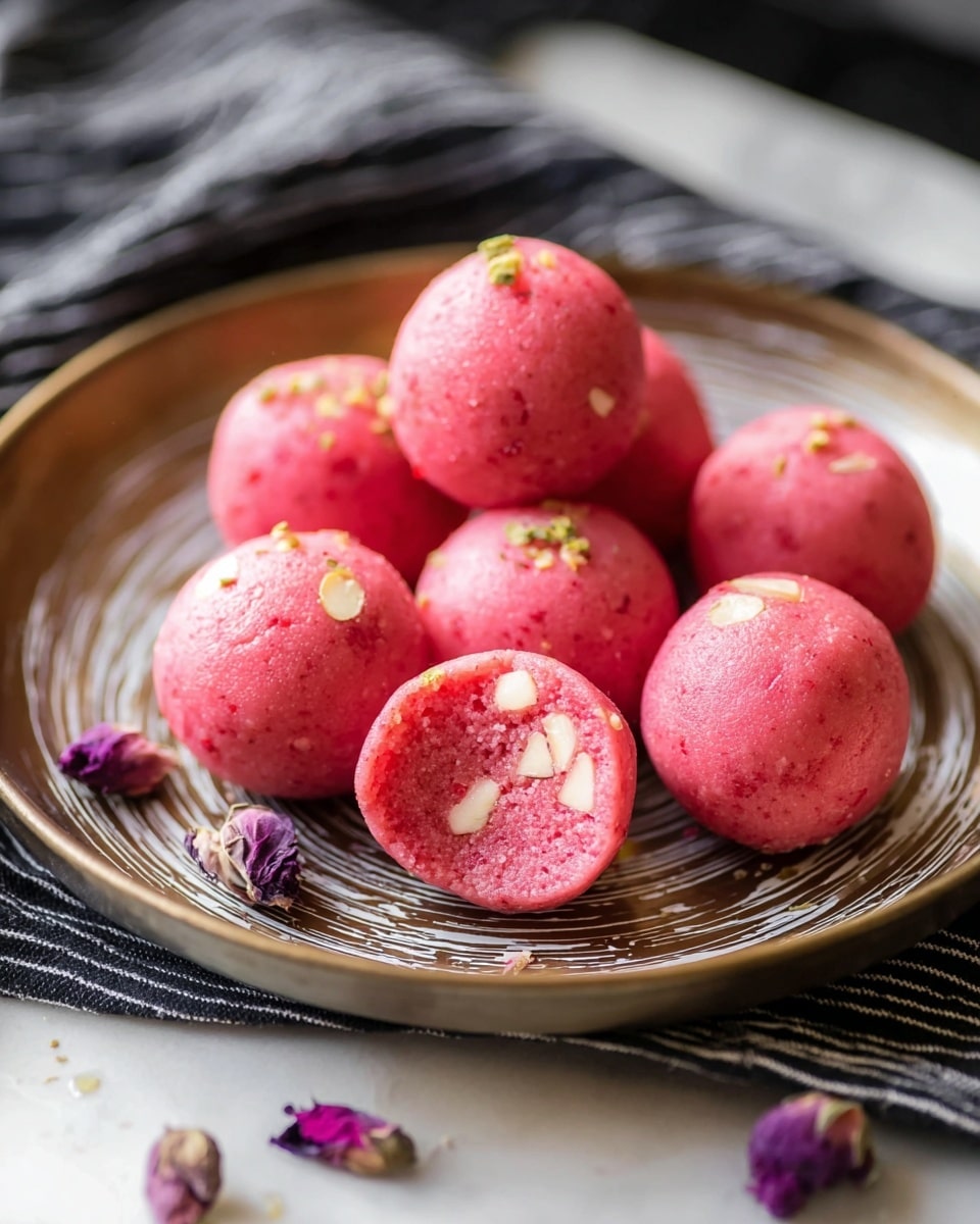 The image shows eight round pink ladoos arranged on a brown plate with white streak patterns, set on a black and white striped cloth over a white marbled texture surface. Each ladoo has a smooth texture with small white pieces embedded, likely nuts, visible on the surface. One ladoo is cut in half at the front, revealing a soft, moist inside with more small white nut pieces spread throughout, matching the bright pink outer color. There are a few small dried purple flower buds scattered around the plate, adding delicate decorative touches. Photo taken with an iphone --ar 4:5 --v 7