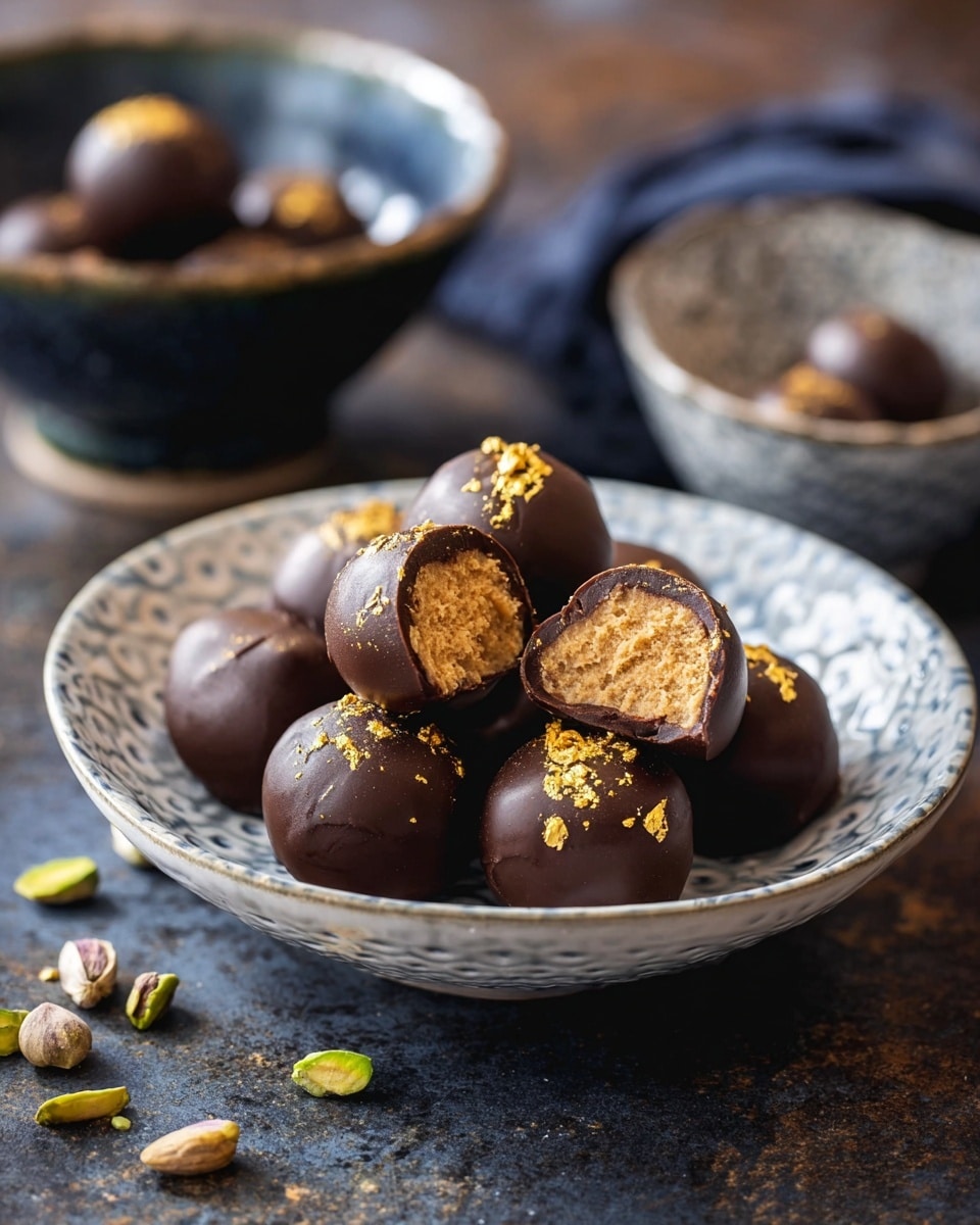 A white patterned plate holds ten round chocolate truffles with a shiny dark brown outer shell, each lightly dusted with gold powder. Two of the truffles are cut open, showing a light tan, crumbly textured filling with a small green pistachio nut inside. The plate rests on a matching white patterned bowl, both placed on a textured dark surface with pieces of pistachio scattered around. In the soft blurred background, two more bowls contain additional truffles. The whole scene is lit with natural light, creating warm highlights and soft shadows. Photo taken with an iphone --ar 4:5 --v 7