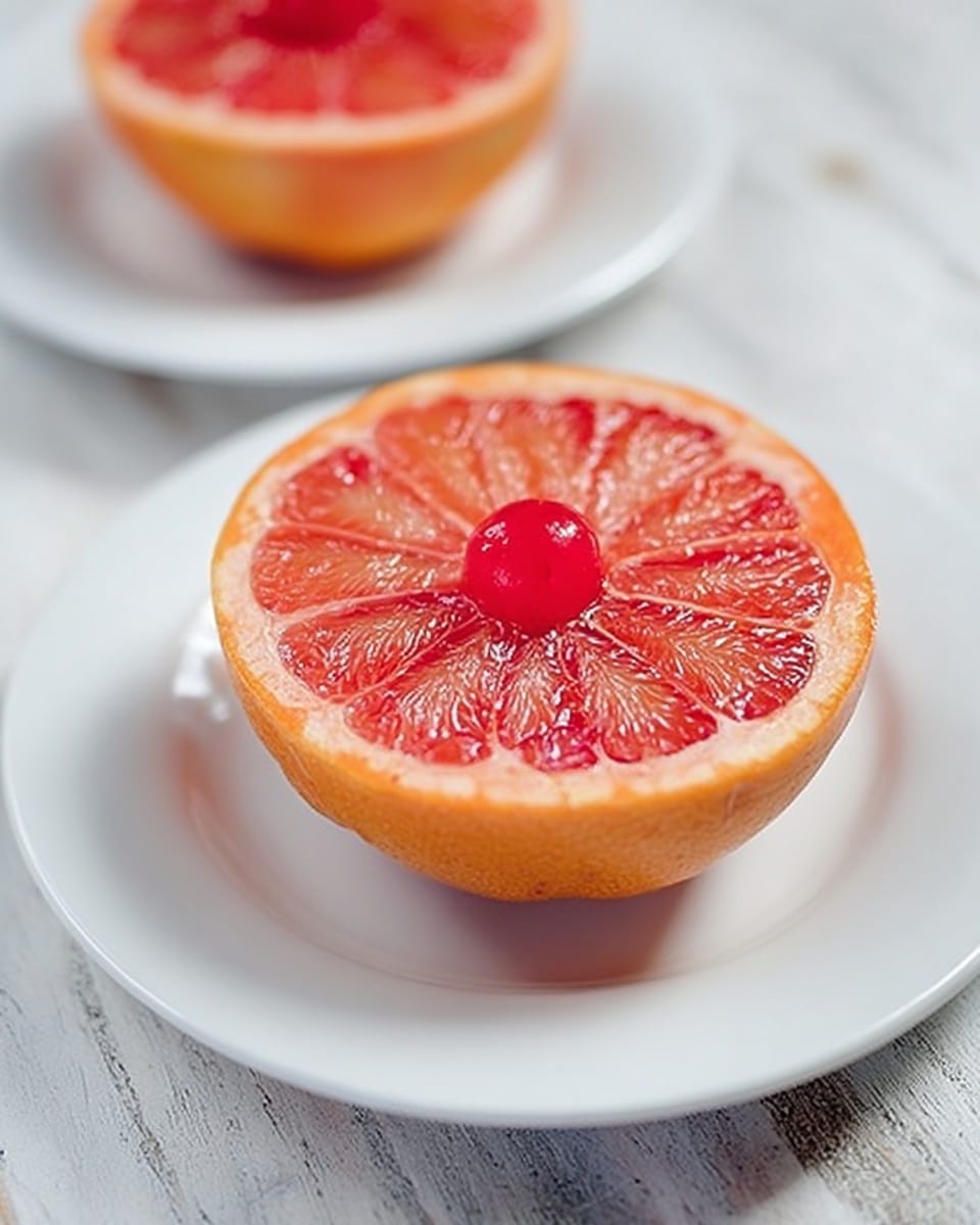 The image shows a halved grapefruit with pinkish-red juicy segments on top, arranged in a circular pattern inside the orange rind, placed at the center of a white plate. A single bright red cherry sits in the middle of the grapefruit, adding a pop of color and texture contrast. The plate is on a white marbled surface. Another similar grapefruit half on a white plate is blurred in the background. Photo taken with an iphone --ar 4:5 --v 7
