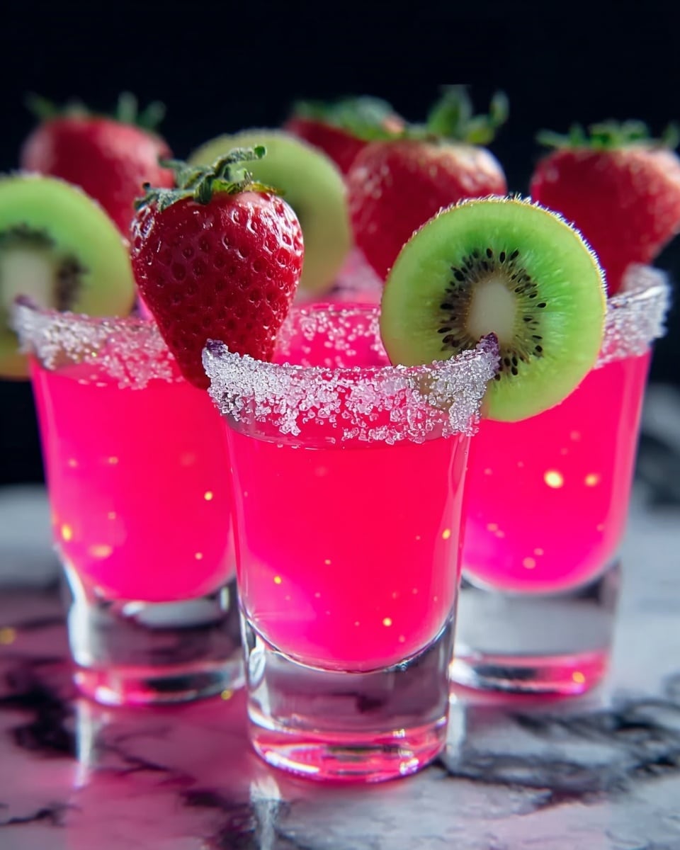 Four clear shot glasses filled with bright pink liquid, each glass rimmed with sparkling white sugar. On the edge of each glass, a fresh red strawberry and a slice of green kiwi are placed side by side as decoration. The glasses are arranged in a close row, set on a white marbled surface, with a dark background that makes the pink color stand out brightly. photo taken with an iphone --ar 4:5 --v 7