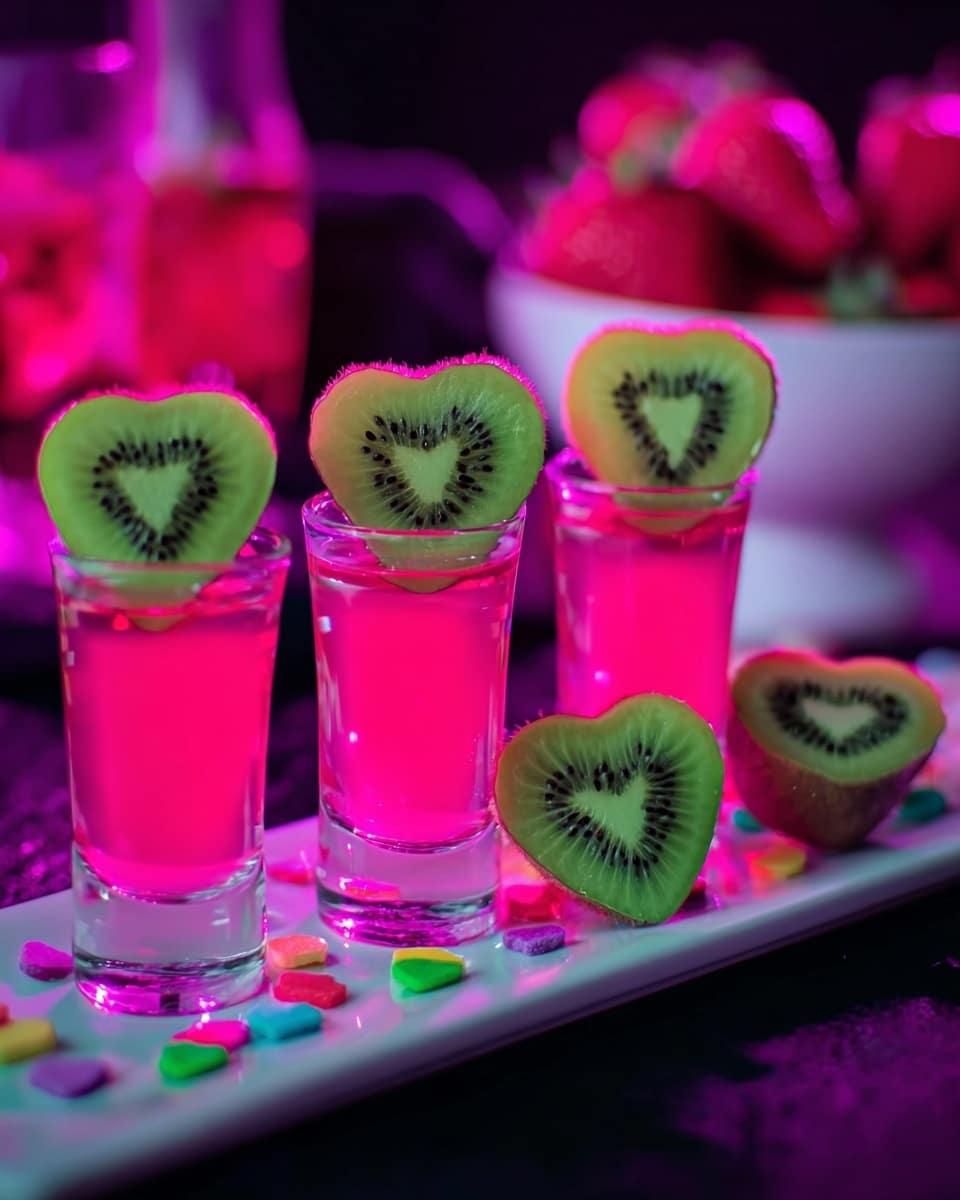 The image shows a row of four clear shot glasses filled with bright pink liquid, each topped with a heart-shaped slice of green kiwi fruit with black seeds. The shot glasses are placed in a white rectangular tray with colorful small pieces scattered around. Beside the glasses on the right side of the tray, there is another heart-shaped kiwi slice standing upright. The background features a white marbled texture, with a glass container filled with red fruit and a white bowl with strawberries blurred out behind the tray. The lighting is vibrant with purple and pink tones, giving the scene a lively and glowing appearance. Photo taken with an iphone --ar 4:5 --v 7