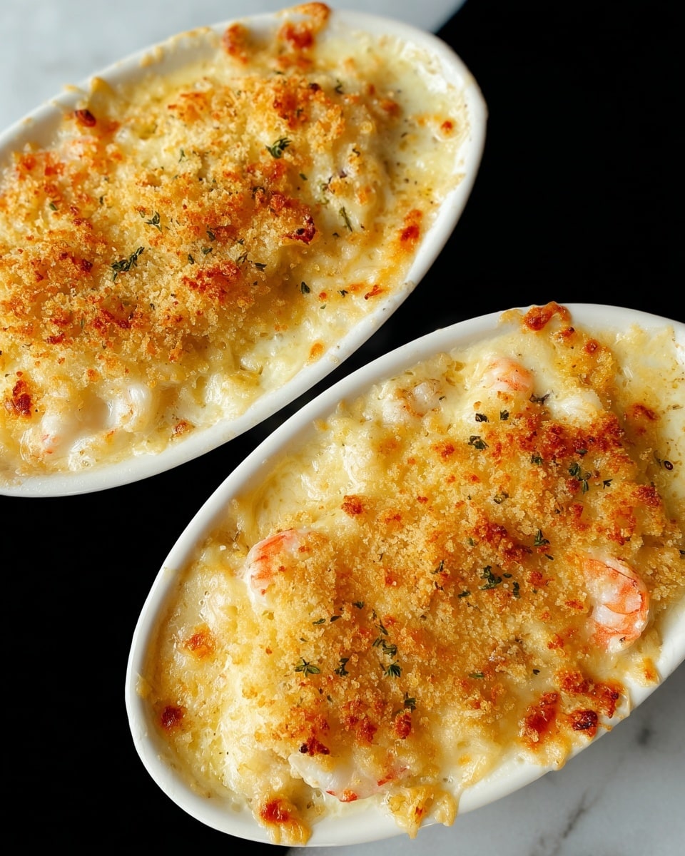 Two white oval baking dishes filled with a creamy baked dish layered three times: a bottom creamy white sauce base, a middle layer with small pieces of light pink shrimp and melted white cheese, and a top layer of golden brown crispy crumbs sprinkled with small green herb bits. The surface has spots of light browning and bubbly melted cheese texture. The dishes rest on a white marbled texture. Photo taken with an iphone --ar 4:5 --v 7