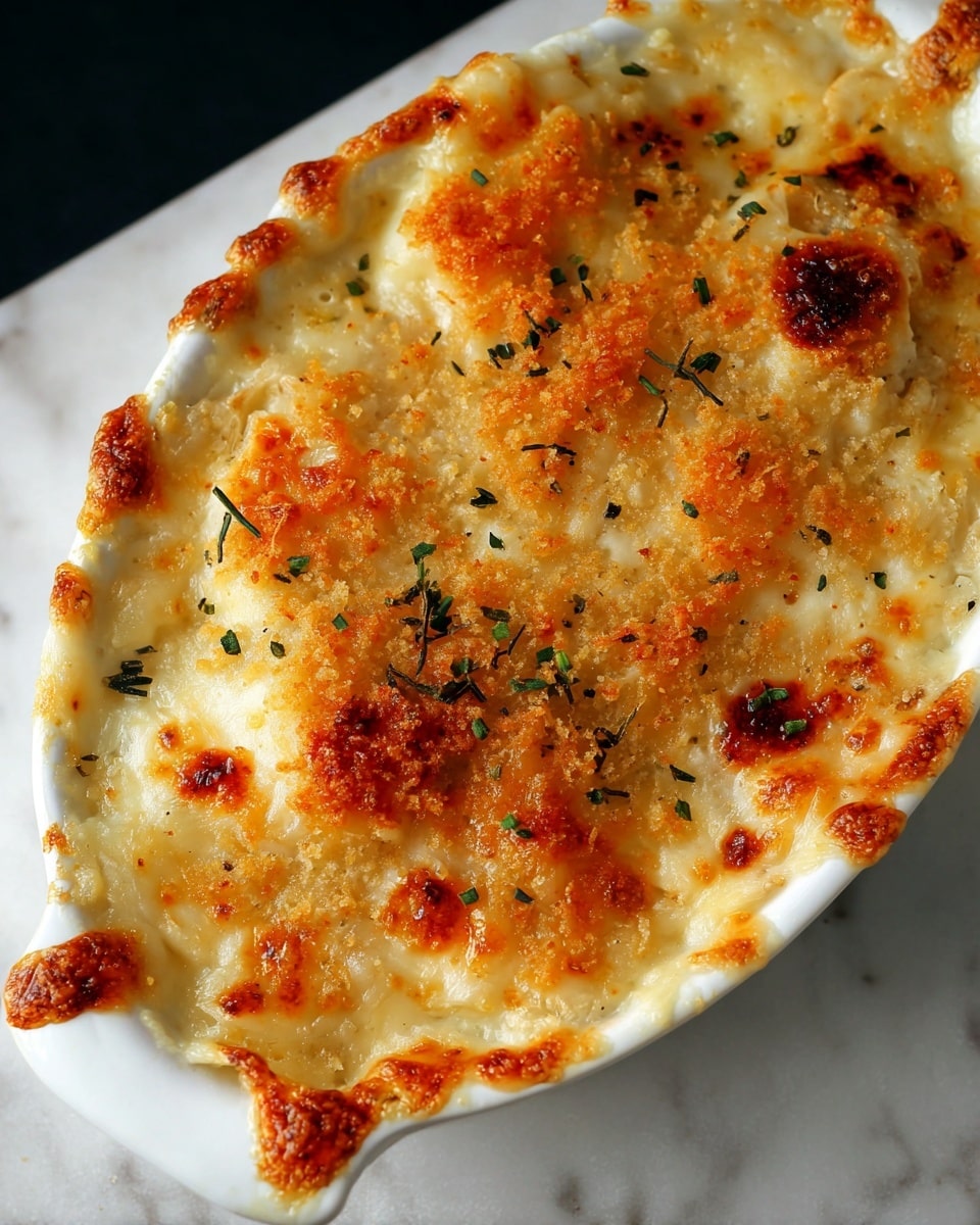 The image shows a white oval baking dish filled with a creamy baked dish layered with melted cheese that is golden and bubbly in places, with some browned spots on the edges. The top layer has light, crispy golden crumbs sprinkled with small bits of green herbs. The sides of the dish show browned, slightly crispy cheese crust. The dish rests on a white marbled surface. photo taken with an iphone --ar 4:5 --v 7