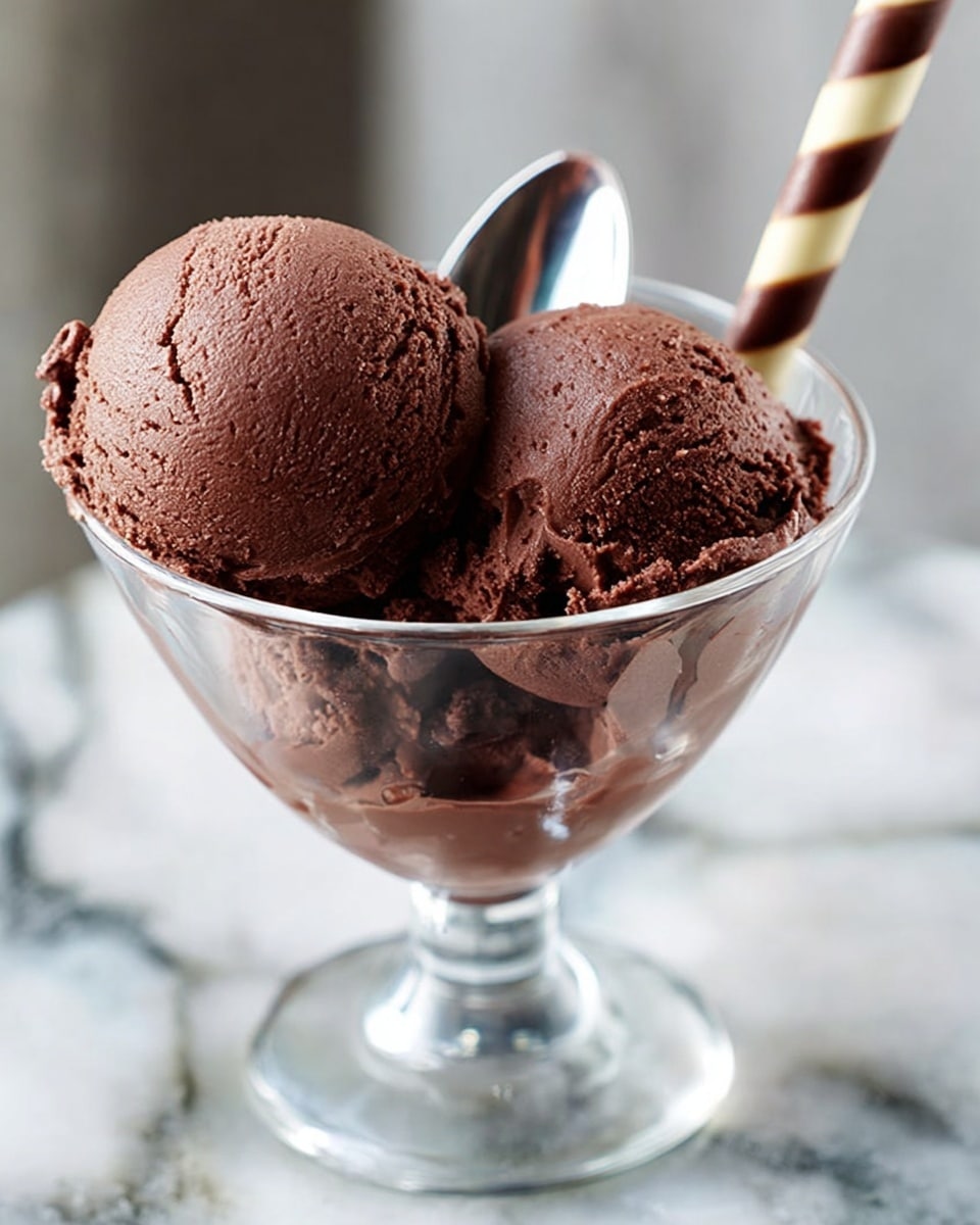 A clear glass dessert cup holds two round scoops of dark chocolate ice cream with a smooth and slightly rough texture. A long, thin beige and dark brown striped stick is placed sticking out at an angle from the right scoop. A metal spoon is visible from the left side, just behind the glass cup. The cup is set on a surface with a white marbled texture. photo taken with an iphone --ar 4:5 --v 7