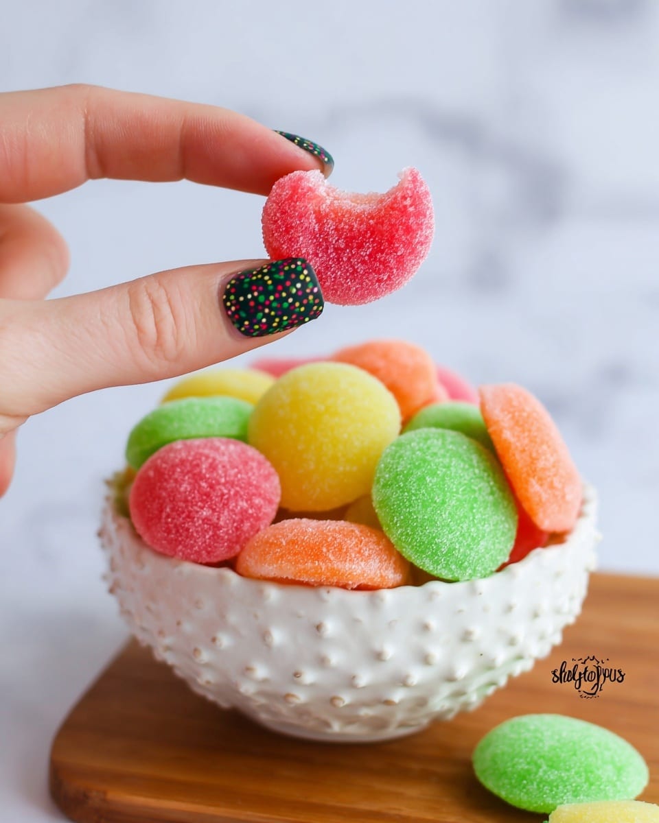 A woman's hand with dark green nails decorated with multicolored confetti holds a bright pink, round, flat candy with a bite taken out of it. Below, a white decorative bowl is filled with multiple round, flat candies in bright colors including green, yellow, orange, and pink, all with a sugar-coated texture. One green candy lies on a wooden board in the background. The scene is set against a white marbled texture background, creating a soft and clean look. photo taken with an iphone --ar 4:5 --v 7