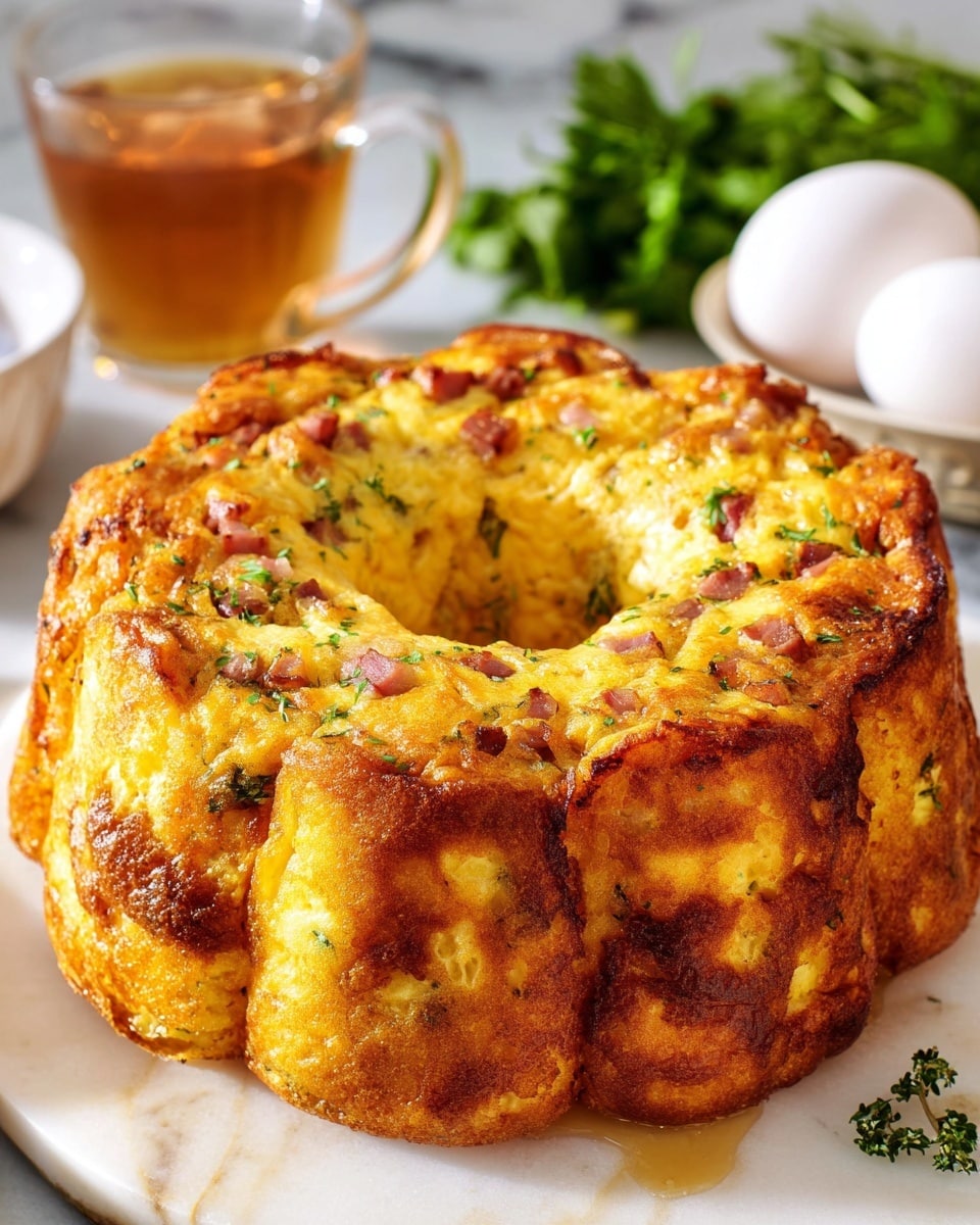 A golden brown baked egg ring shaped like a bundt cake, with visible bits of ham and melted cheese embedded throughout its thick, uneven surface; the outer edges are crisp and browned, while the inside shows a softer, lighter yellow texture. The dish sits on a white marbled surface, with fresh white eggs and green leafy herbs blurred in the background. To the side, there is a clear glass of iced tea and part of a white cup visible, adding a cozy breakfast feel. The lighting is soft and natural, highlighting the texture contrasts and warm colors. photo taken with an iphone --ar 4:5 --v 7