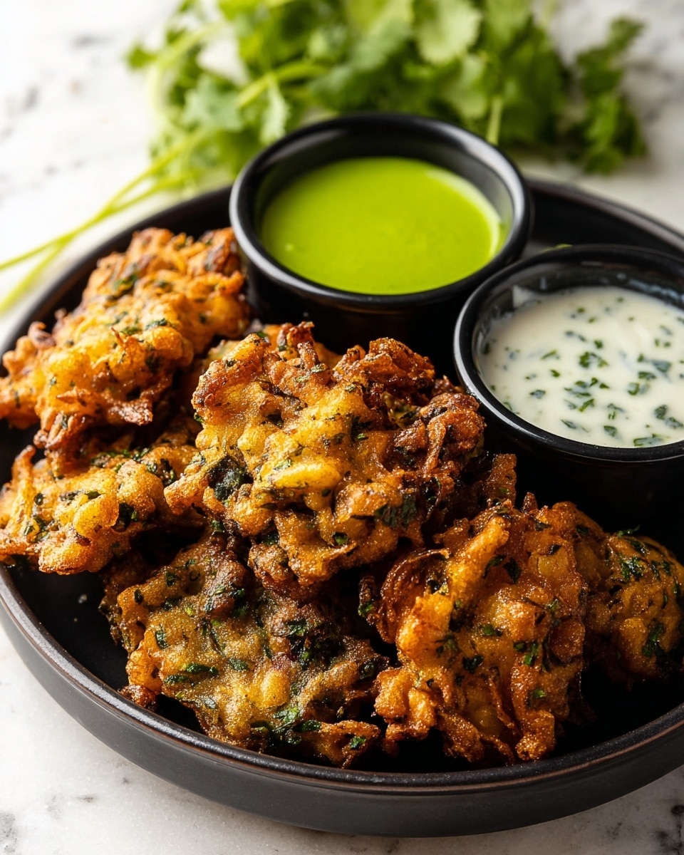A round black plate holds a generous pile of crispy, golden-brown fritters mixed with green herbs, showing a rough, textured surface. On the plate, there are two small black bowls placed near the center; one bowl contains a smooth, bright green sauce with a glossy finish, and the other has a creamy white sauce with small green herb pieces. The plate sits on a white marbled surface with some blurred green herbs in the background. photo taken with an iphone --ar 4:5 --v 7