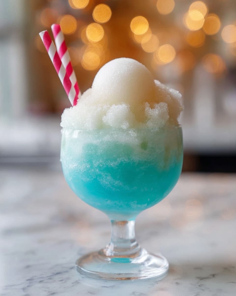 The image shows a dessert in a clear glass with a thick stem. It has two layers: the bottom layer is a bright blue icy slush with a coarse texture, filling most of the glass. On top is a thick layer of white icy slush that looks fluffy and snow-like, crowned with a smooth, round white scoop, resembling ice cream or sorbet. A pink and white striped straw is placed into the drink on the left side. The background is a soft blur with warm yellow lights, and the glass is set on a white marbled surface. Photo taken with an iphone --ar 4:5 --v 7