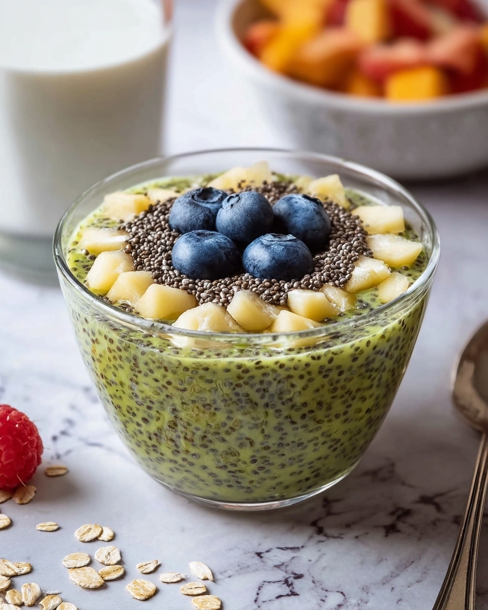 A clear glass bowl filled with a green chia seed pudding that has tiny black chia seeds mixed throughout, creating a speckled texture. On top, there is a circle of small, light yellow fruit pieces and a central layer of dark brown chia seeds, with five plump, blue blueberries placed over them. The bowl sits on a white marbled surface scattered with some chia seeds and oats. In the background to the left is a glass of white milk, and to the right is a white bowl filled with mixed sliced fruits. A raspberry is placed near the bowl on the surface. Photo taken with an iphone --ar 4:5 --v 7