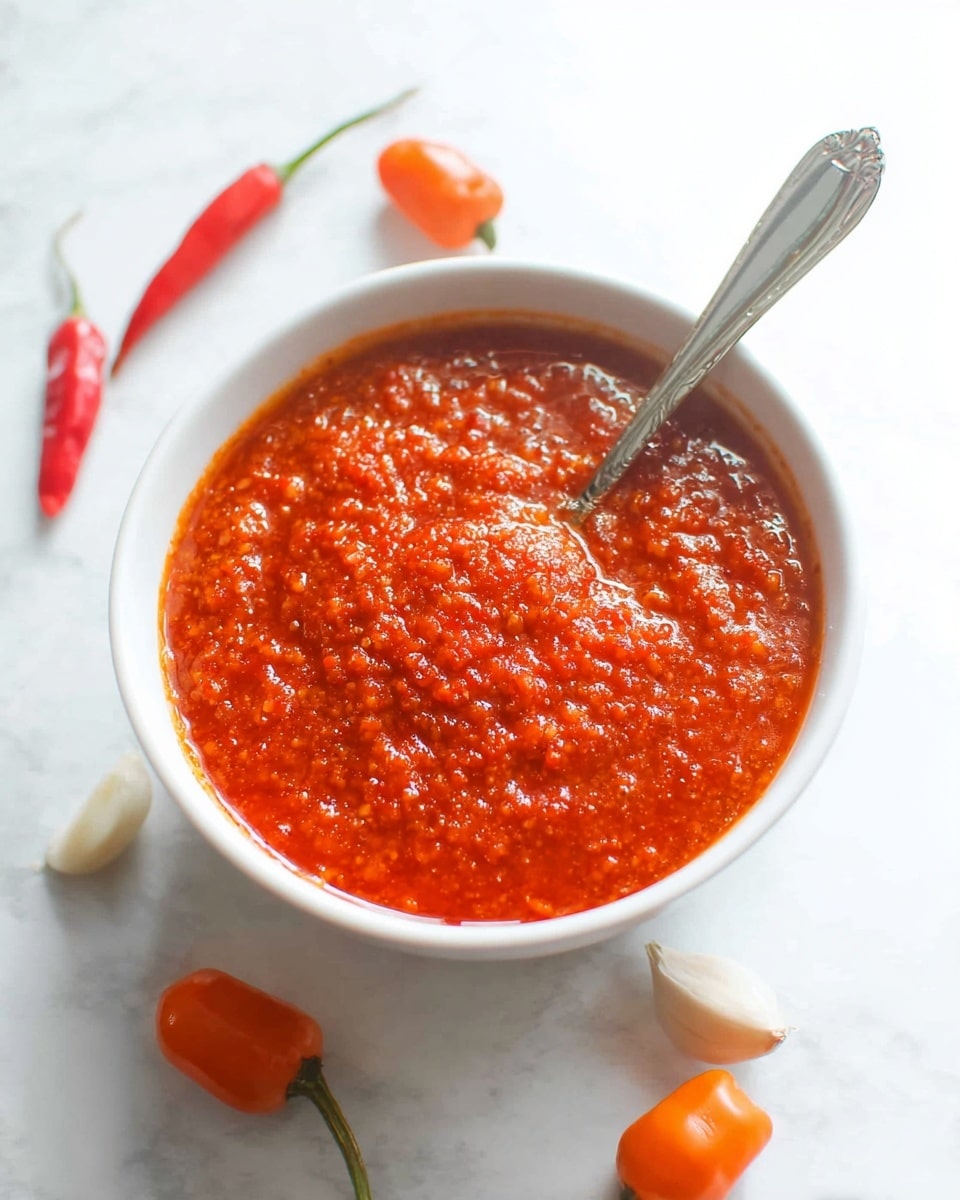 The image shows a white bowl filled with a thick, bright red sauce that has a slightly coarse texture. A silver spoon rests inside the bowl, partially submerged in the sauce. Around the bowl, there are three small, orange chili peppers and a couple of garlic cloves placed on a white marbled surface. The bright colors of the sauce and peppers stand out clearly against the clean white background, giving a fresh and spicy look to the dish. photo taken with an iphone --ar 4:5 --v 7
