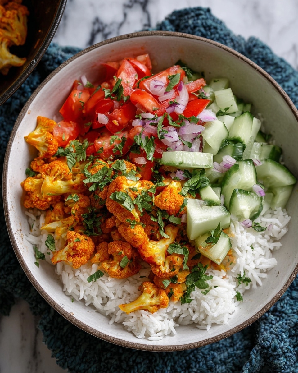 A white bowl filled with three main layers: the bottom layer has fluffy white rice on one side, the middle layer contains bright orange cooked cauliflower with visible spices, and the top layer is a fresh mix of diced green cucumber, red tomatoes, and small bits of red onion sprinkled with chopped green herbs, all placed on a white marbled surface with a textured blue cloth underneath. Photo taken with an iphone --ar 4:5 --v 7