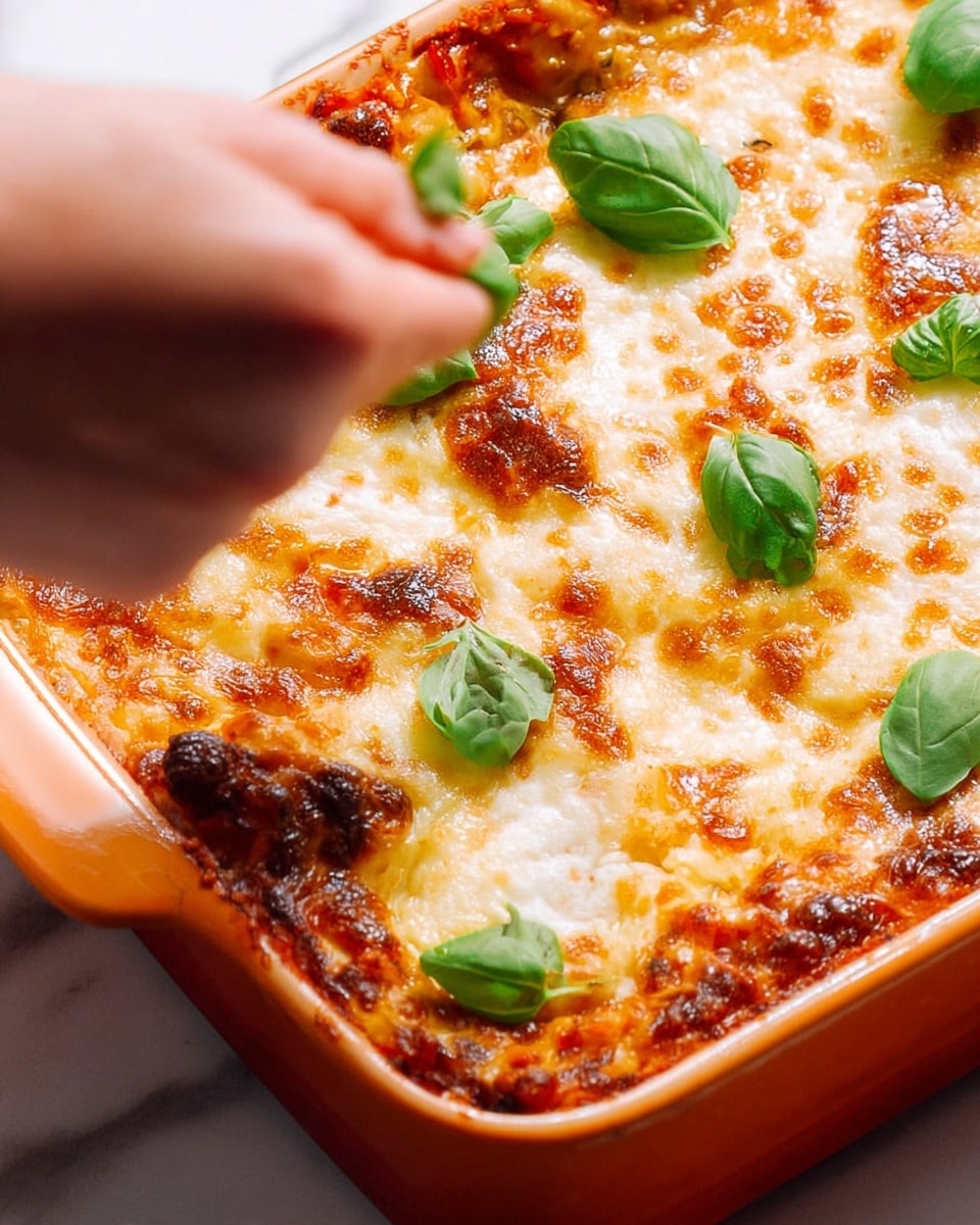 A close-up of a baked lasagna in an orange baking dish, showing a top layer of melted, golden-brown cheese with some crispy spots. Scattered fresh green basil leaves are placed on top, adding a lively contrast to the warm cheese layer. A woman's hand is gently scattering the basil leaves over the surface. The texture of the cheese is slightly bubbly and browned, with a glimpse of red tomato sauce underneath. The scene is set on a white marbled surface. photo taken with an iphone --ar 4:5 --v 7