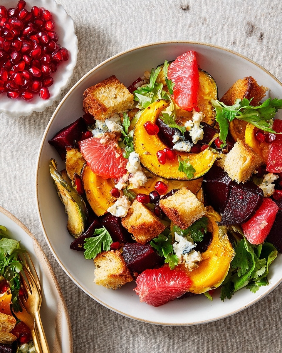 The dish shows a bowl of salad with three main layers: the base has toasted bread cubes in golden brown with a crispy texture, the middle layer contains roasted, curved slices of yellow and green squash with slightly charred edges, and chunks of deep red beetroot, while the top layer is scattered with bright pink grapefruit segments, small red pomegranate seeds, and crumbles of white-blue cheese. Fresh green parsley leaves are spread across as garnish. A gold-colored fork is placed at the edge of the bowl, which sits on a white marbled surface. Nearby, a smaller white bowl filled with shiny red pomegranate seeds and part of another salad bowl are visible. Photo taken with an iphone --ar 4:5 --v 7
