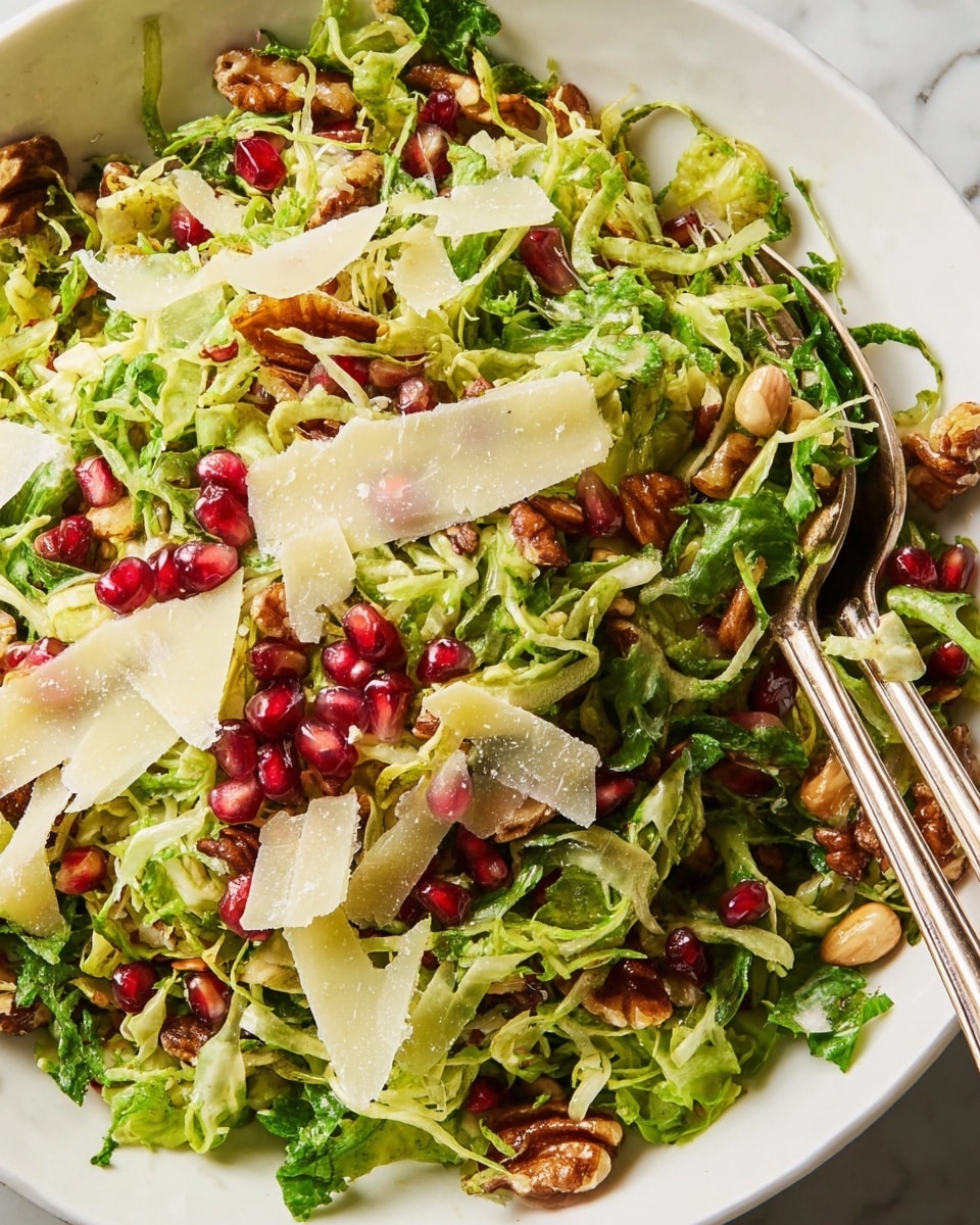 A close-up view of a fresh salad in a white bowl on a white marbled surface, showing finely shredded light and dark green leafy layers mixed evenly with whole brown nuts and scattered deep red pomegranate seeds. Thin, large pale yellow cheese shavings are spread on top and through the salad giving some texture contrast. A silver fork is partially inserted into the salad from the right side, lifting a mix of the layers. Photo taken with an iphone --ar 4:5 --v 7