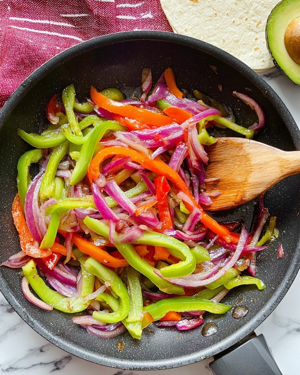 A close-up view of a black frying pan filled with sautéed vegetables, including bright green bell pepper strips, orange-red bell pepper strips, and translucent reddish-purple onion slices, all mixed together and glistening with light oil. A wooden spoon is stirring the vegetables from the right side of the pan. At the top edge, part of an avocado half and a white tortilla are visible against a white marbled surface with a red-striped cloth nearby. Photo taken with an iphone --ar 4:5 --v 7