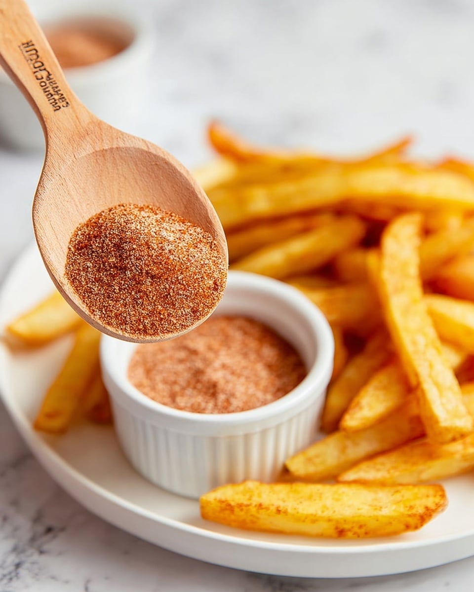 A white round plate holds a single layer of thick potato wedges, each coated with a reddish-brown spice mix, giving them a slightly rough texture. In the center of the plate sits a small white ramekin filled with a fine, powdery dipping spice that matches the color of the seasoning on the wedges. The plate rests on a white marbled surface, creating a clean and bright setting. A white and red checkered cloth partially appears in the background. photo taken with an iphone --ar 4:5 --v 7