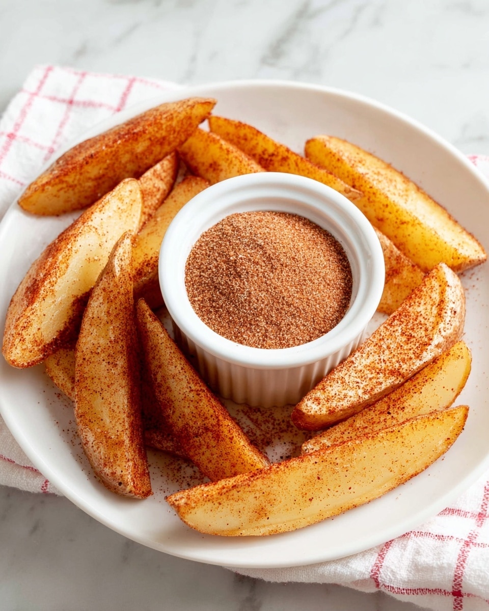 A close-up image shows a wooden tablespoon filled with a mix of reddish and brownish seasoning powder held over a white plate filled with golden-yellow thick-cut fries that have a crispy texture; behind the spoon, a small white ramekin also filled with the same seasoning powder is placed on the plate, all set on a white marbled surface. photo taken with an iphone --ar 4:5 --v 7