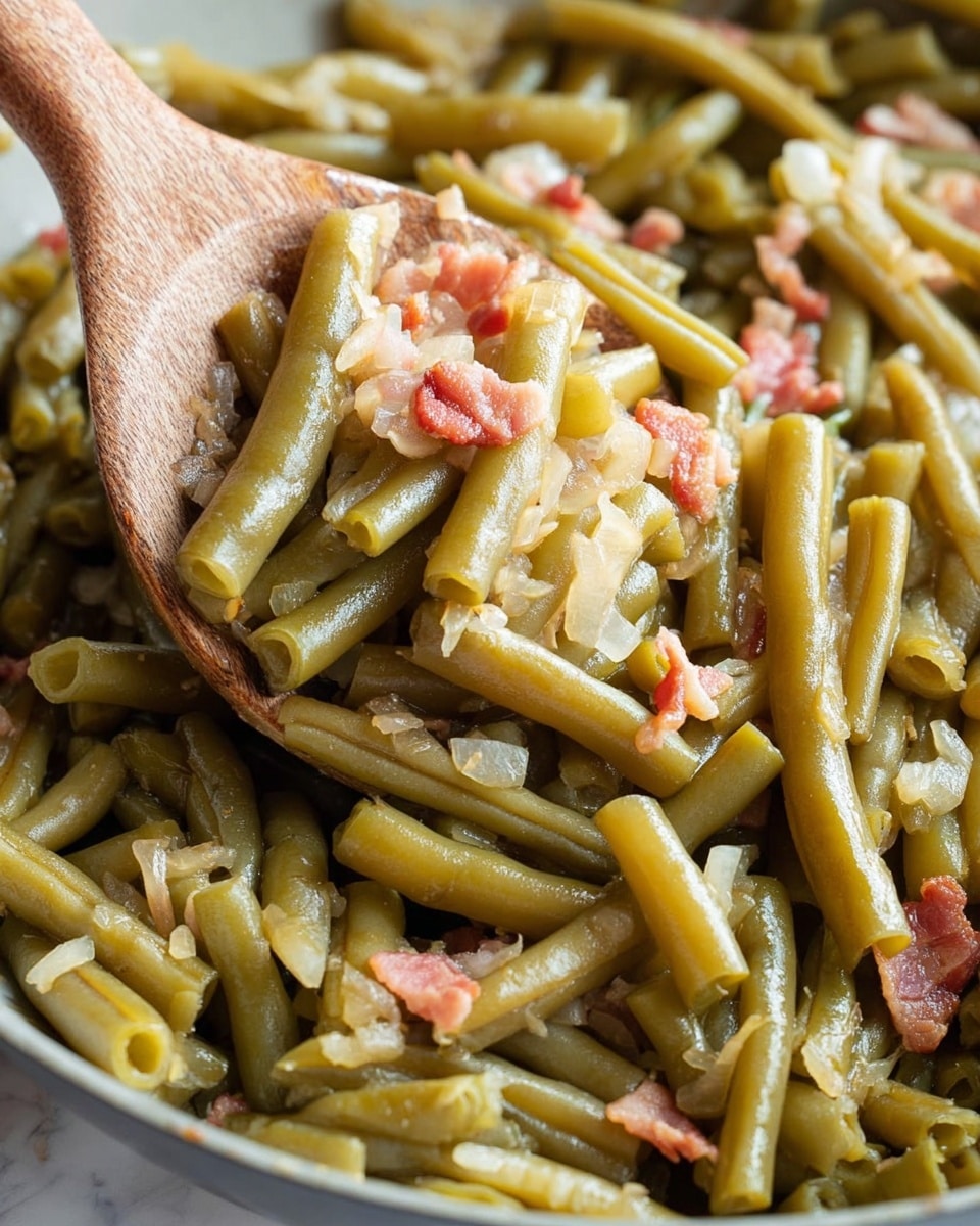 A close-up image shows cooked green beans mixed with small pieces of cooked bacon and bits of translucent onion, all stirred together in a pan. The green beans are soft and cut into short lengths, showing a pale, muted green color with a slightly shiny texture. The bacon pieces are pinkish-red and scattered unevenly throughout, while the onion pieces add a light, creamy tone. A wooden spoon scoops some of the mix, highlighting the soft texture and varied shapes of the ingredients. The background surface has a white marbled texture. Photo taken with an iphone --ar 4:5 --v 7
